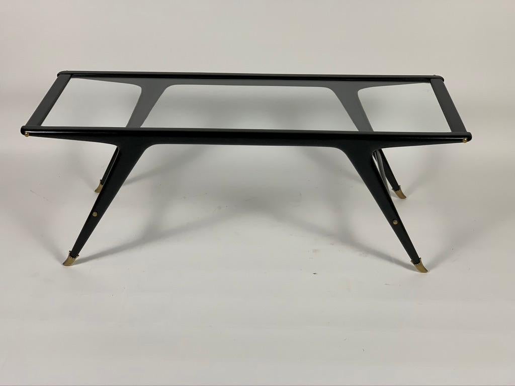 Mid-20th Century Midcentury Italian Coffee Table Black Lacquered Wood Brass Details Glass Top