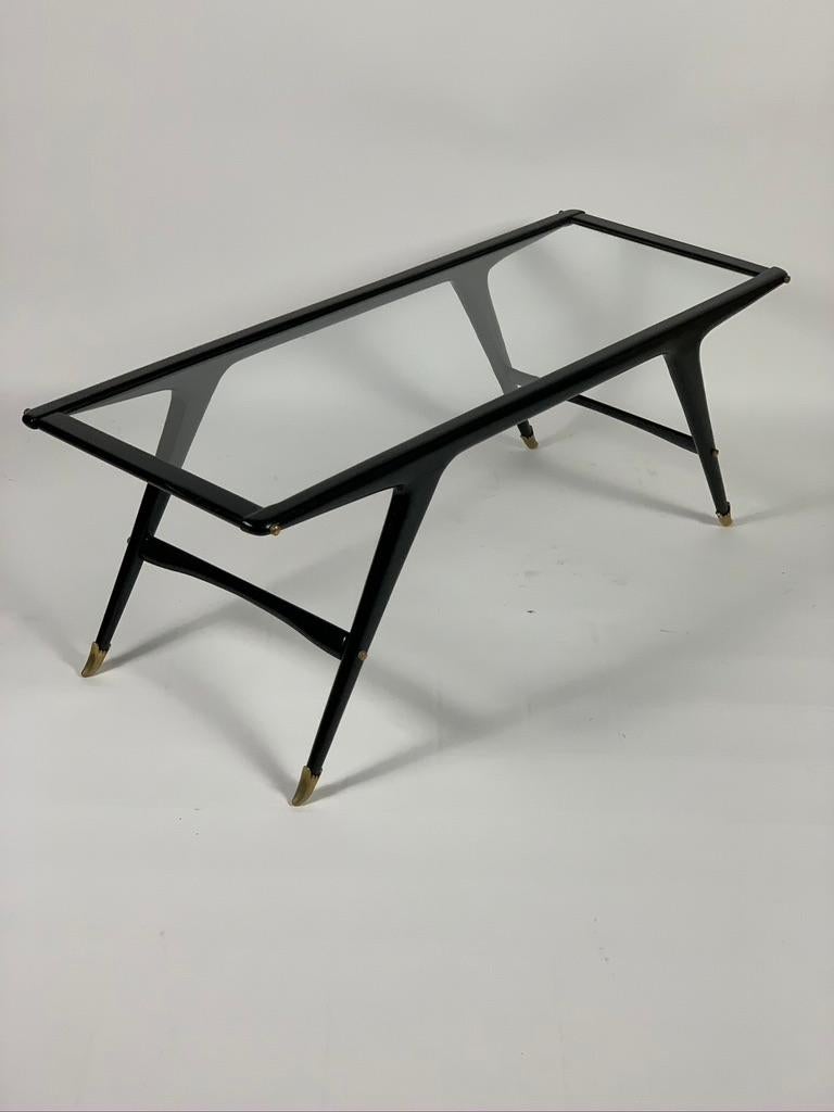Midcentury Italian Coffee Table Black Lacquered Wood Brass Details Glass Top 1