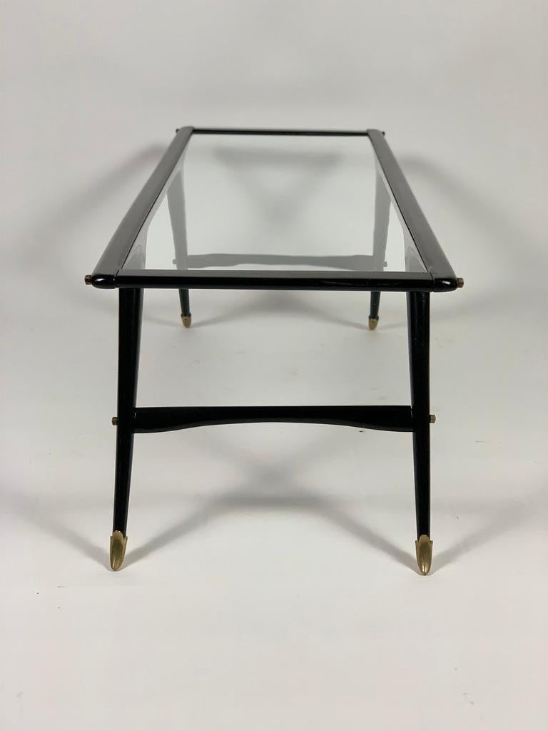 Midcentury Italian Coffee Table Black Lacquered Wood Brass Details Glass Top 2