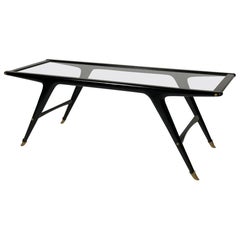 Midcentury Italian Coffee Table Black Lacquered Wood Brass Details Glass Top