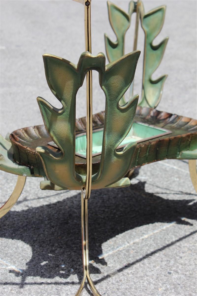 Midcentury Italian Coffee Table Colli Design Green Gold Brass Leaves For Sale 4