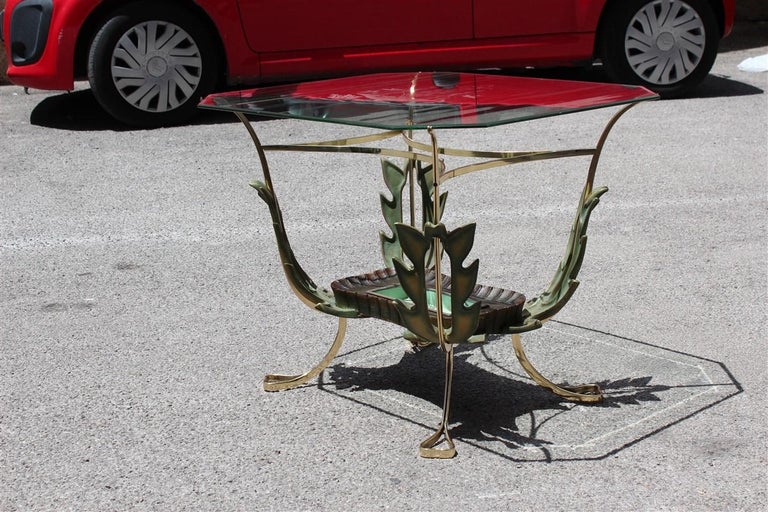 Midcentury Italian Coffee Table Colli Design Green Gold Brass Leaves For Sale 8