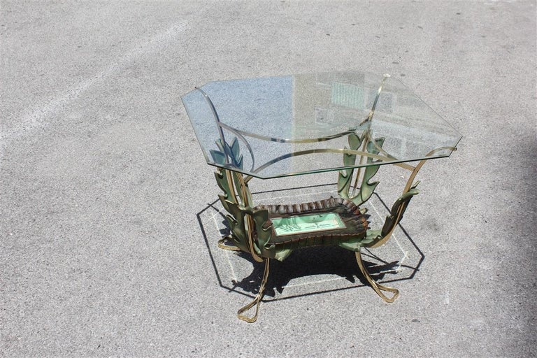 Mid-Century Modern Midcentury Italian Coffee Table Colli Design Green Gold Brass Leaves For Sale