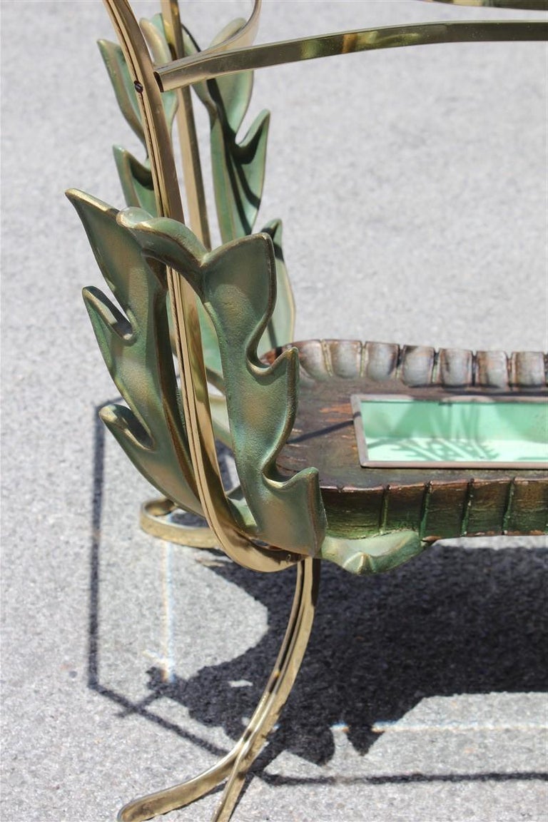 Midcentury Italian Coffee Table Colli Design Green Gold Brass Leaves In Good Condition For Sale In Palermo, Sicily