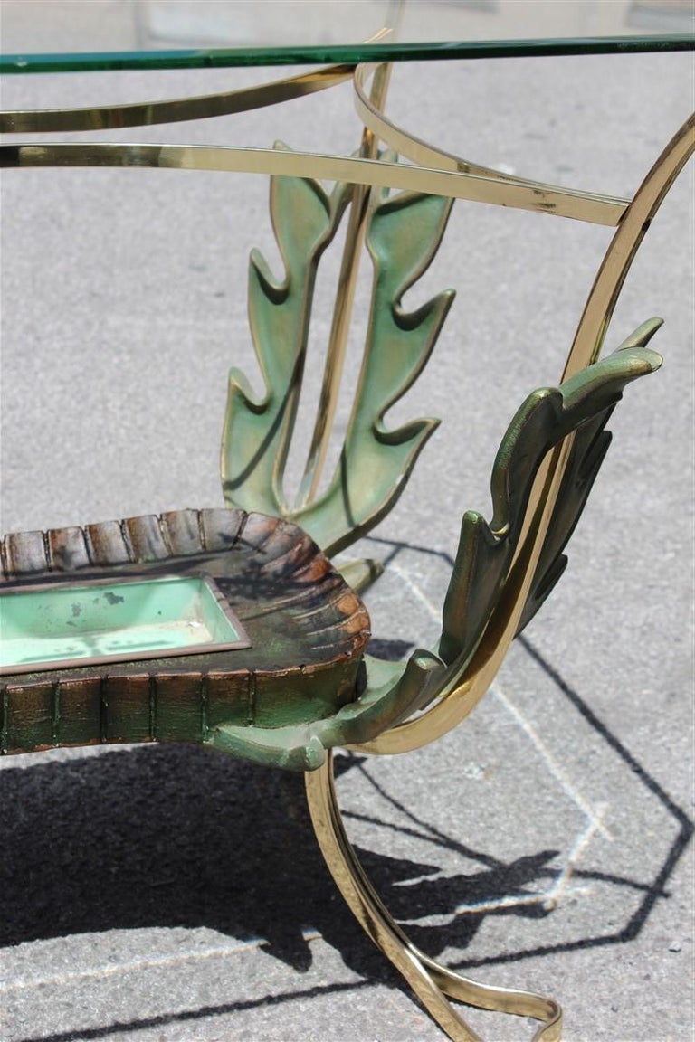 Mid-20th Century Midcentury Italian Coffee Table Colli Design Green Gold Brass Leaves For Sale