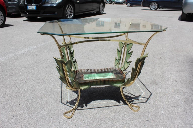 Metal Midcentury Italian Coffee Table Colli Design Green Gold Brass Leaves For Sale