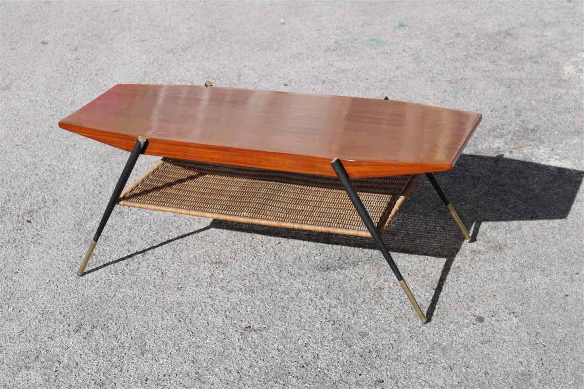 Midcentury Italian Coffee Table in Mahogany Metal Brass and Bamboo Straw, 1950s For Sale 5