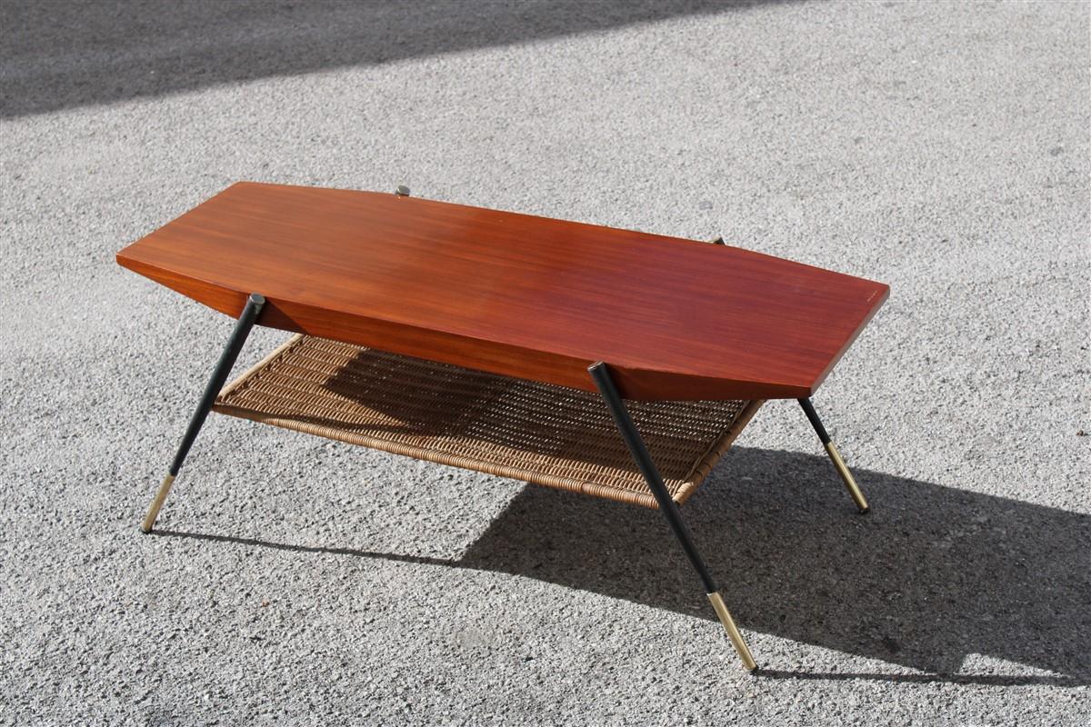 Midcentury Italian coffee table in mahogany metal brass and bamboo straw, 1950s.