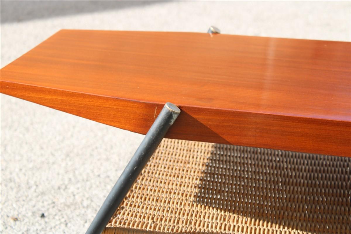 Midcentury Italian Coffee Table in Mahogany Metal Brass and Bamboo Straw, 1950s In Good Condition For Sale In Palermo, Sicily