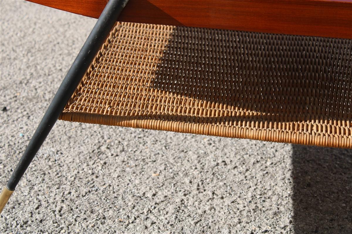 Mid-20th Century Midcentury Italian Coffee Table in Mahogany Metal Brass and Bamboo Straw, 1950s For Sale