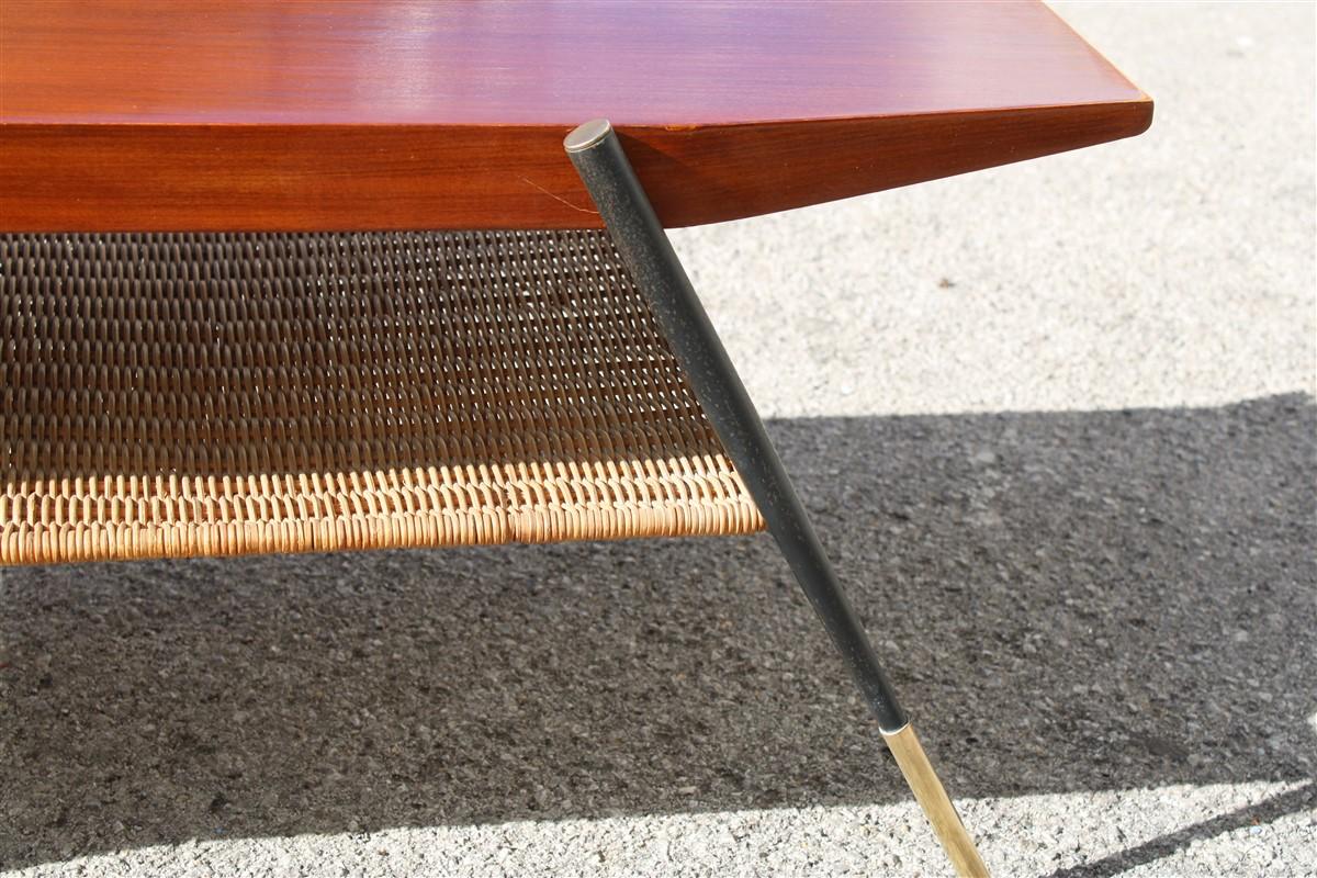 Midcentury Italian Coffee Table in Mahogany Metal Brass and Bamboo Straw, 1950s For Sale 1
