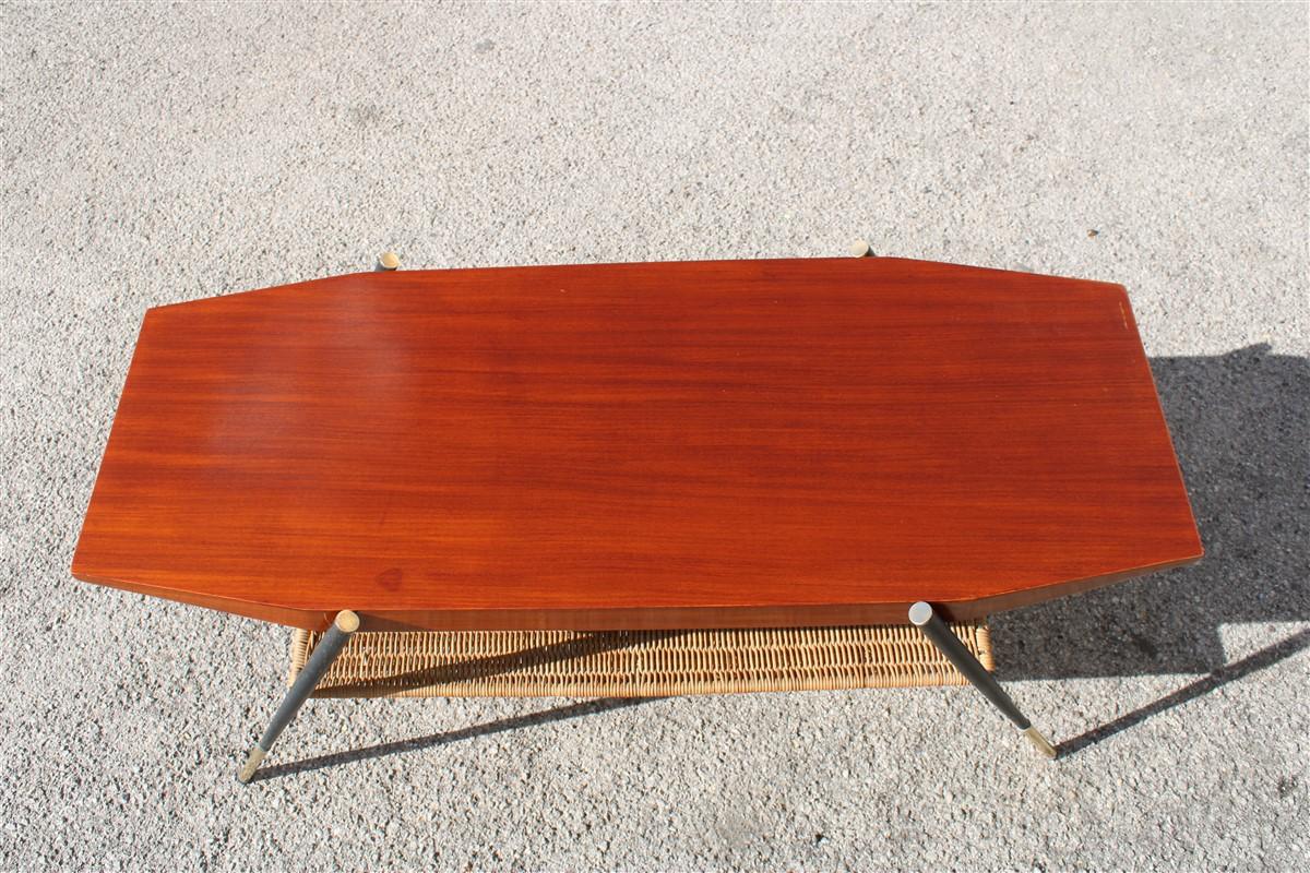 Midcentury Italian Coffee Table in Mahogany Metal Brass and Bamboo Straw, 1950s For Sale 2