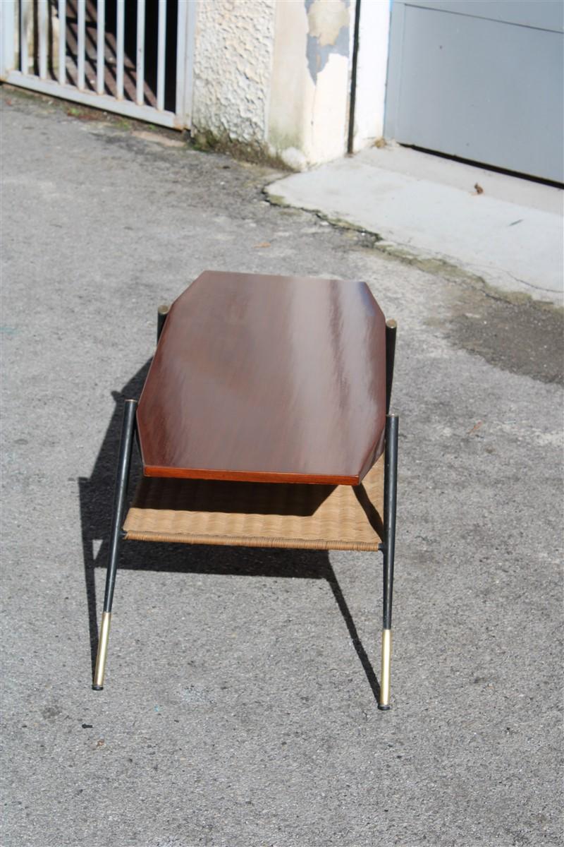Midcentury Italian Coffee Table in Mahogany Metal Brass and Bamboo Straw, 1950s For Sale 3