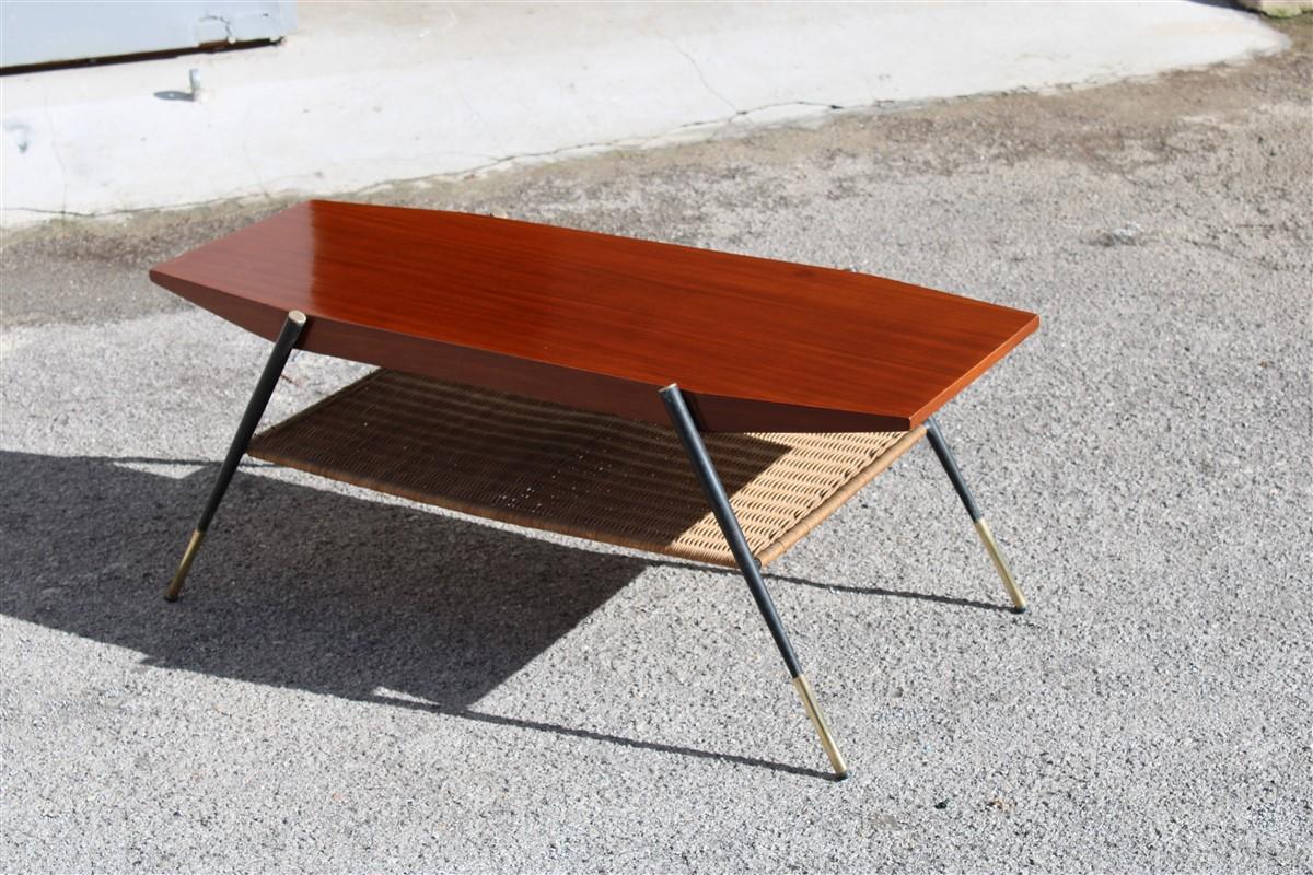 Midcentury Italian Coffee Table in Mahogany Metal Brass and Bamboo Straw, 1950s For Sale 4