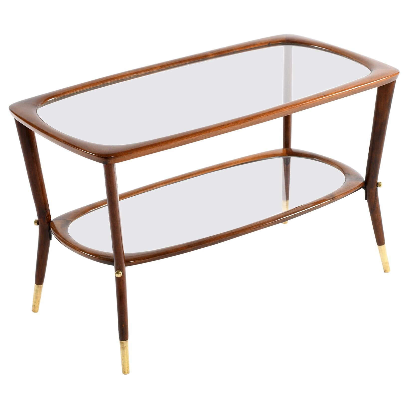 Midcentury Italian Coffee Table with Double Glass Shelf and Brass Details