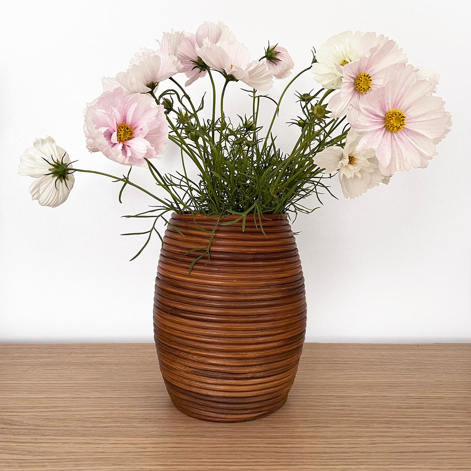 Mid Century Italian Coiled Rattan Vase In Good Condition For Sale In Los Angeles, CA