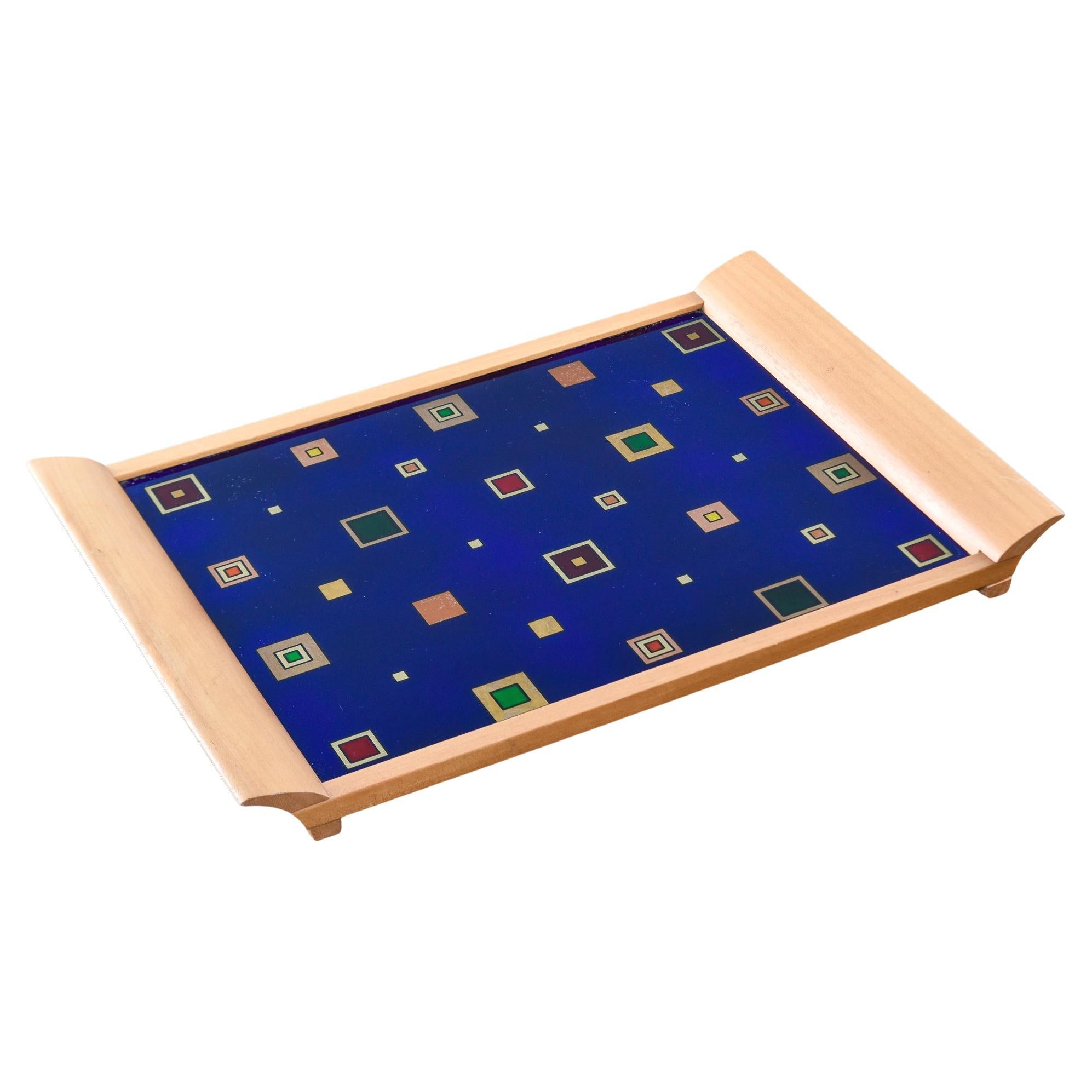 Bandeja italiana de mediados de siglo de madera y cristal de colores en venta