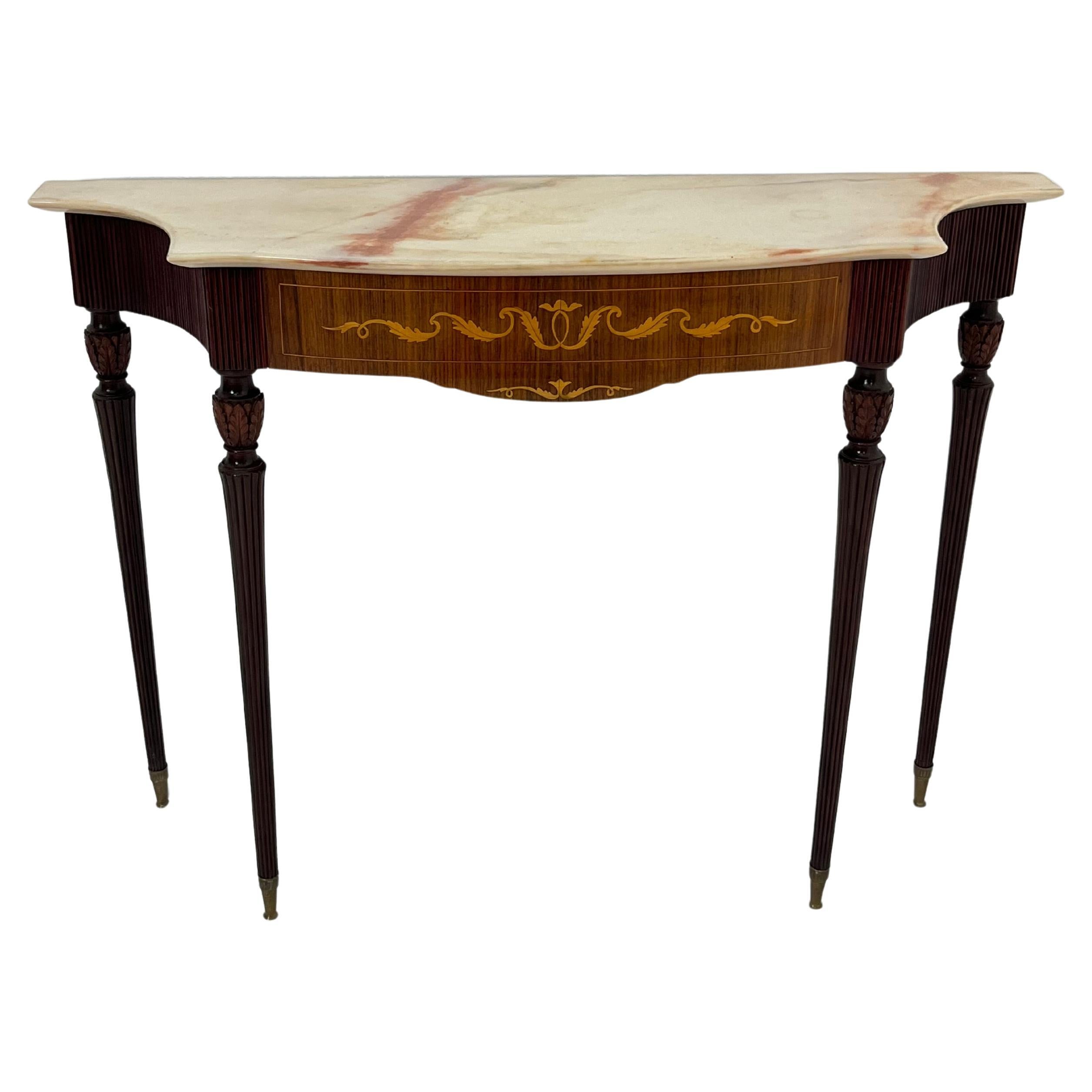 Mid-century Italian Console Attributed to Paolo Buffa, Pink Marble, Brass Feet