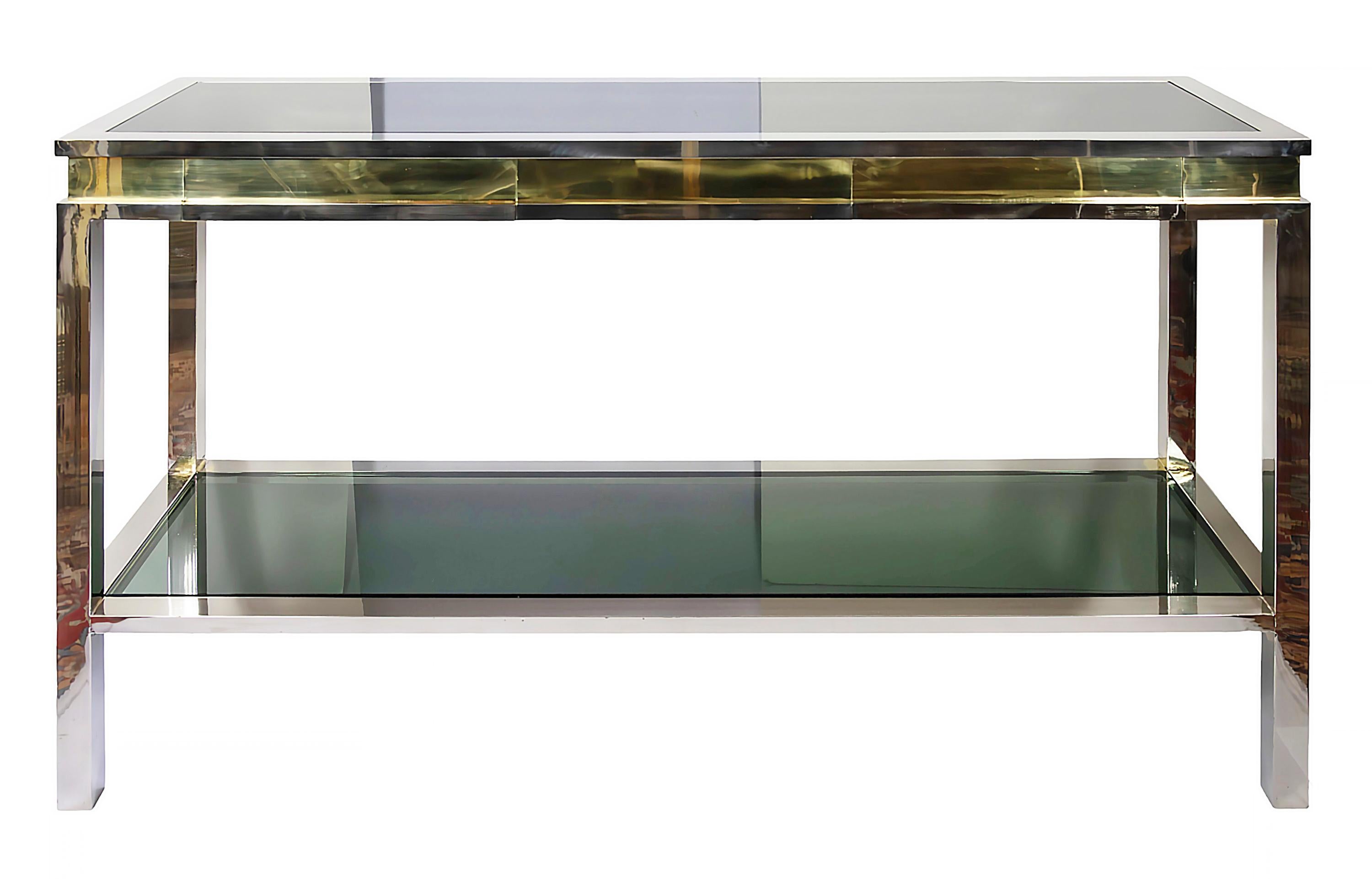 Mid-Century Modern Mid-Century Italian Console Table with Drawers in Brass, Chrome, Glass, 1970's For Sale