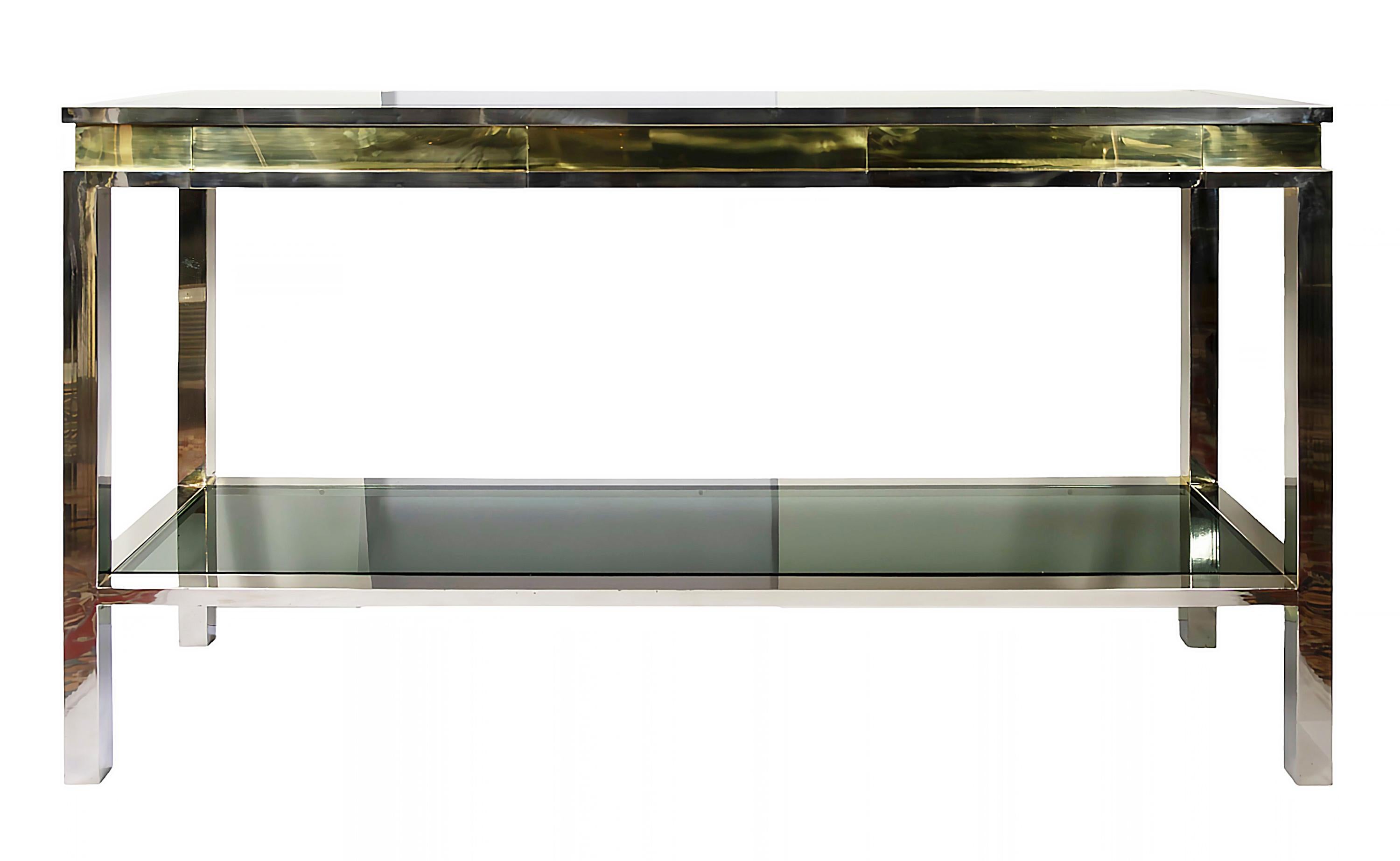 Mid-Century Italian Console Table with Drawers in Brass, Chrome, Glass, 1970's In Good Condition For Sale In Vilnius, LT