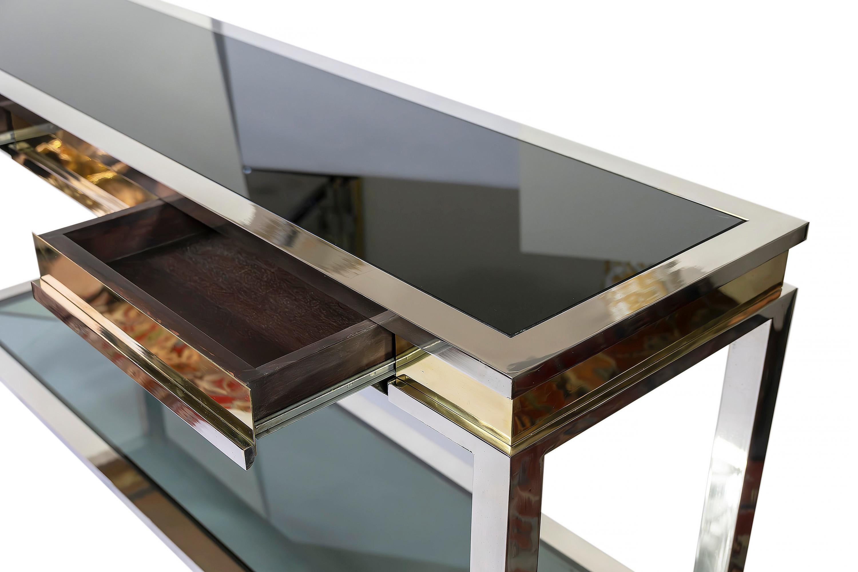 20th Century Mid-Century Italian Console Table with Drawers in Brass, Chrome, Glass, 1970's For Sale