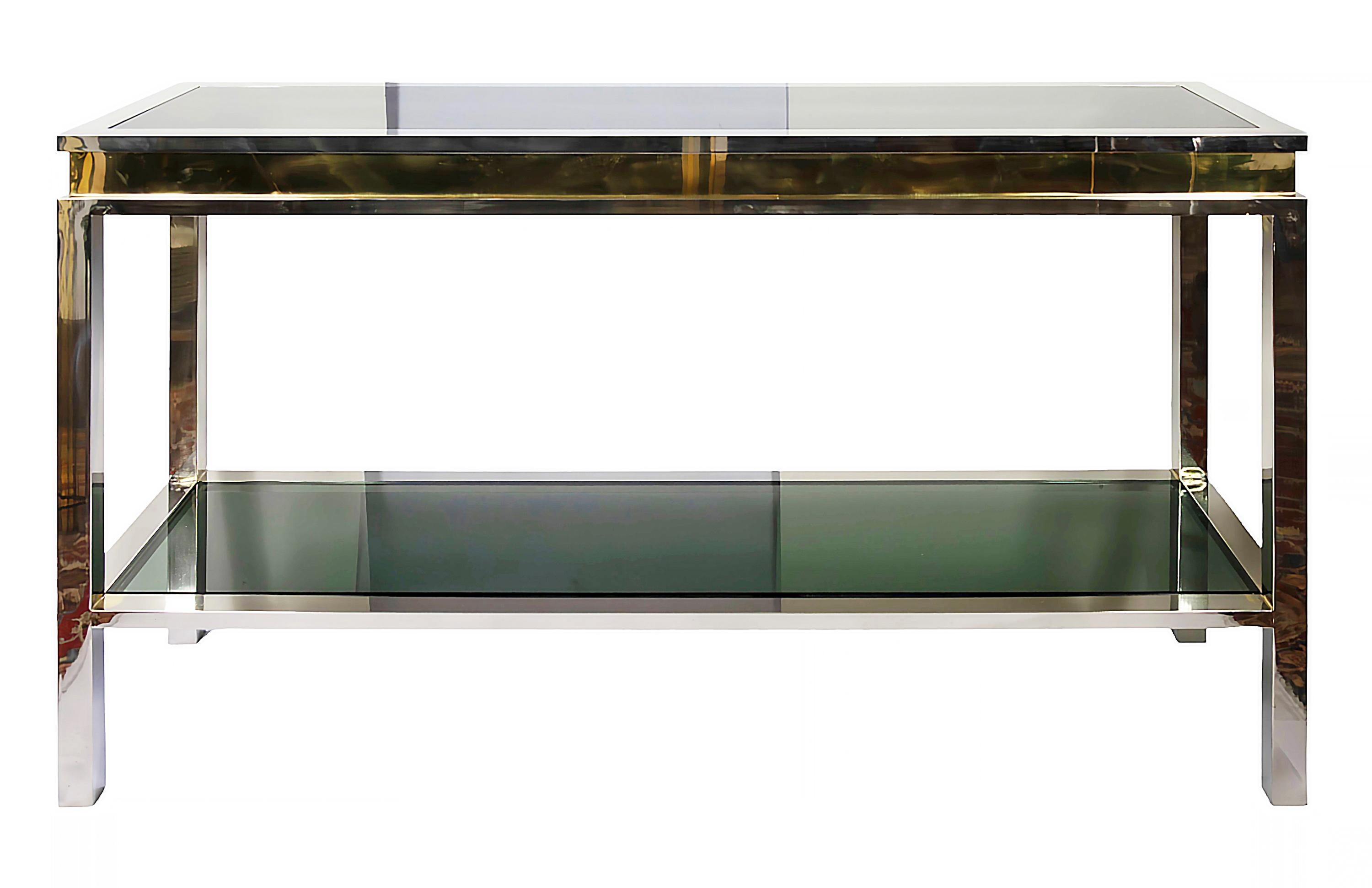 Mid-Century Italian Console Table with Drawers in Brass, Chrome, Glass, 1970's For Sale 2