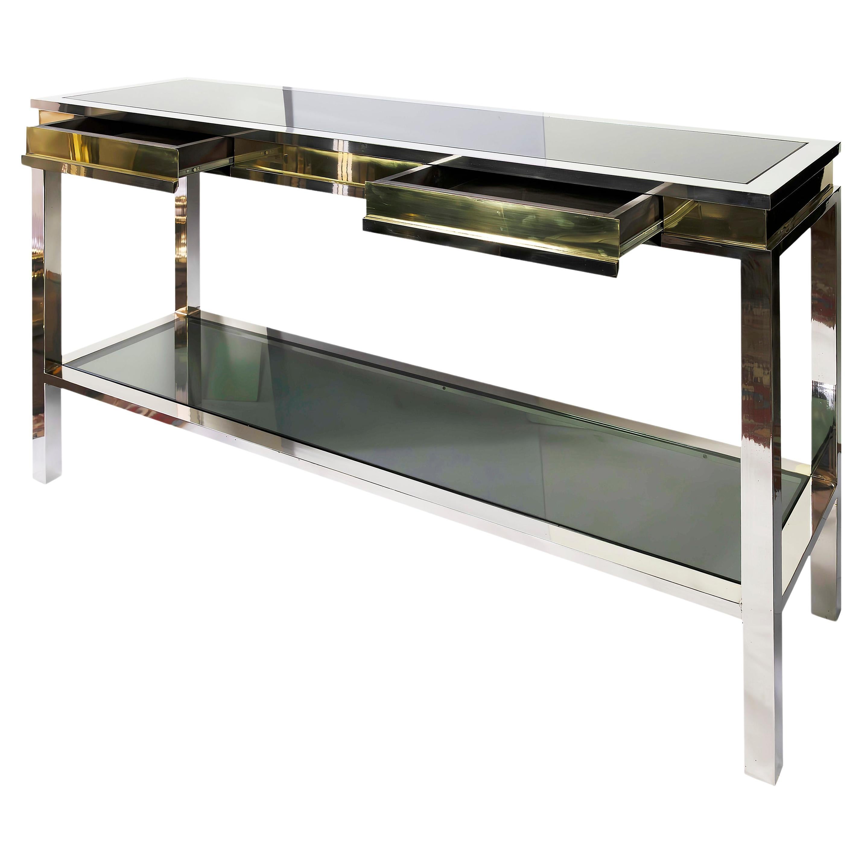 Mid-Century Italian Console Table with Drawers in Brass, Chrome, Glass, 1970's For Sale