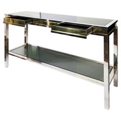 Retro Mid-Century Italian Console Table with Drawers in Brass, Chrome, Glass, 1970's