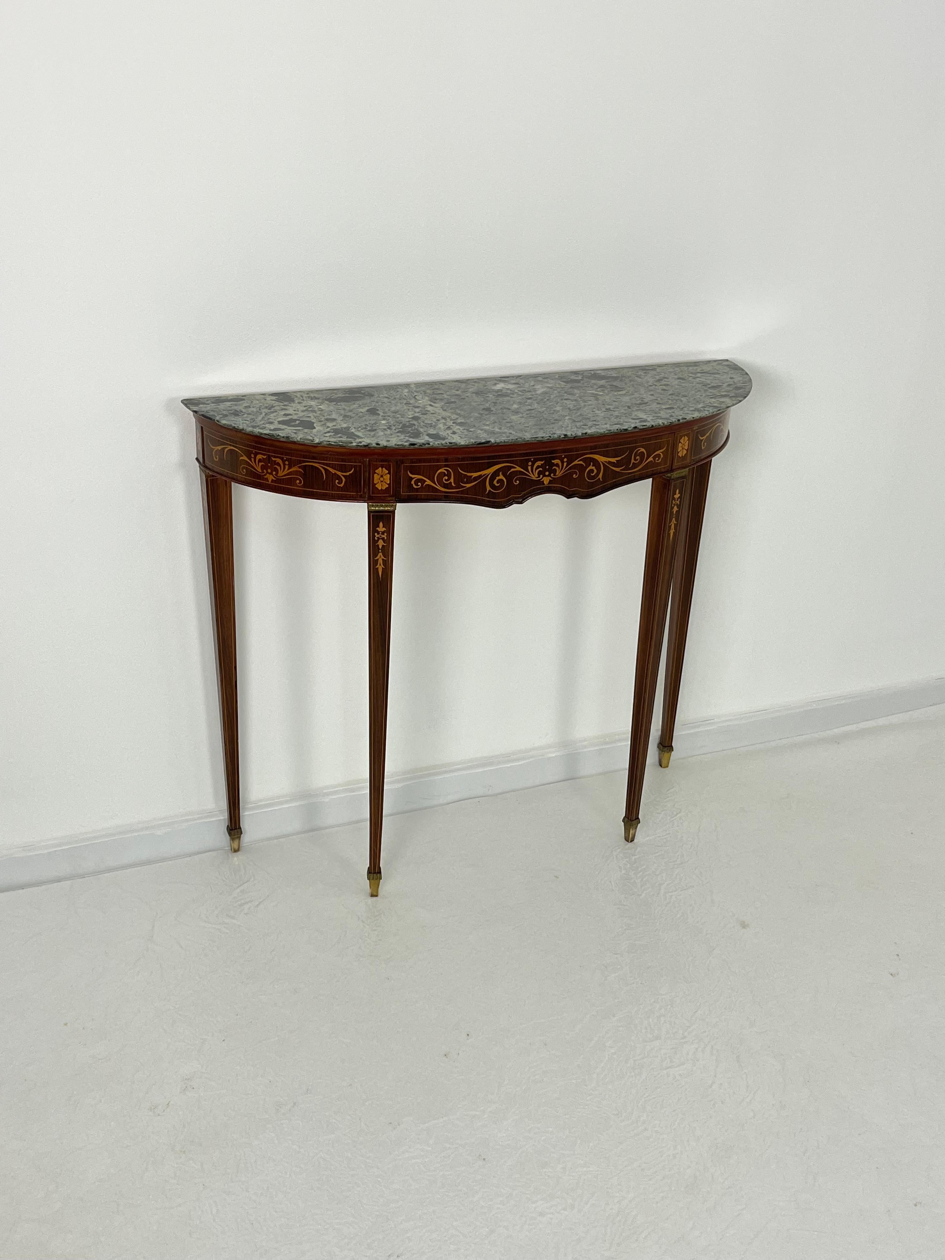 Table console italienne du milieu du siècle avec plateau en marbre vert, pieds en laiton, années 1960 en vente 6