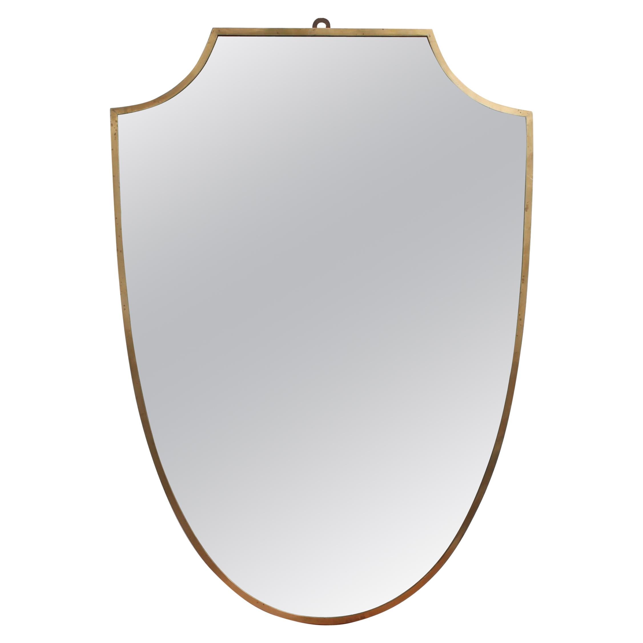 Midcentury Italian Crest-Shaped Wall Mirror with Brass Frame, circa 1950s