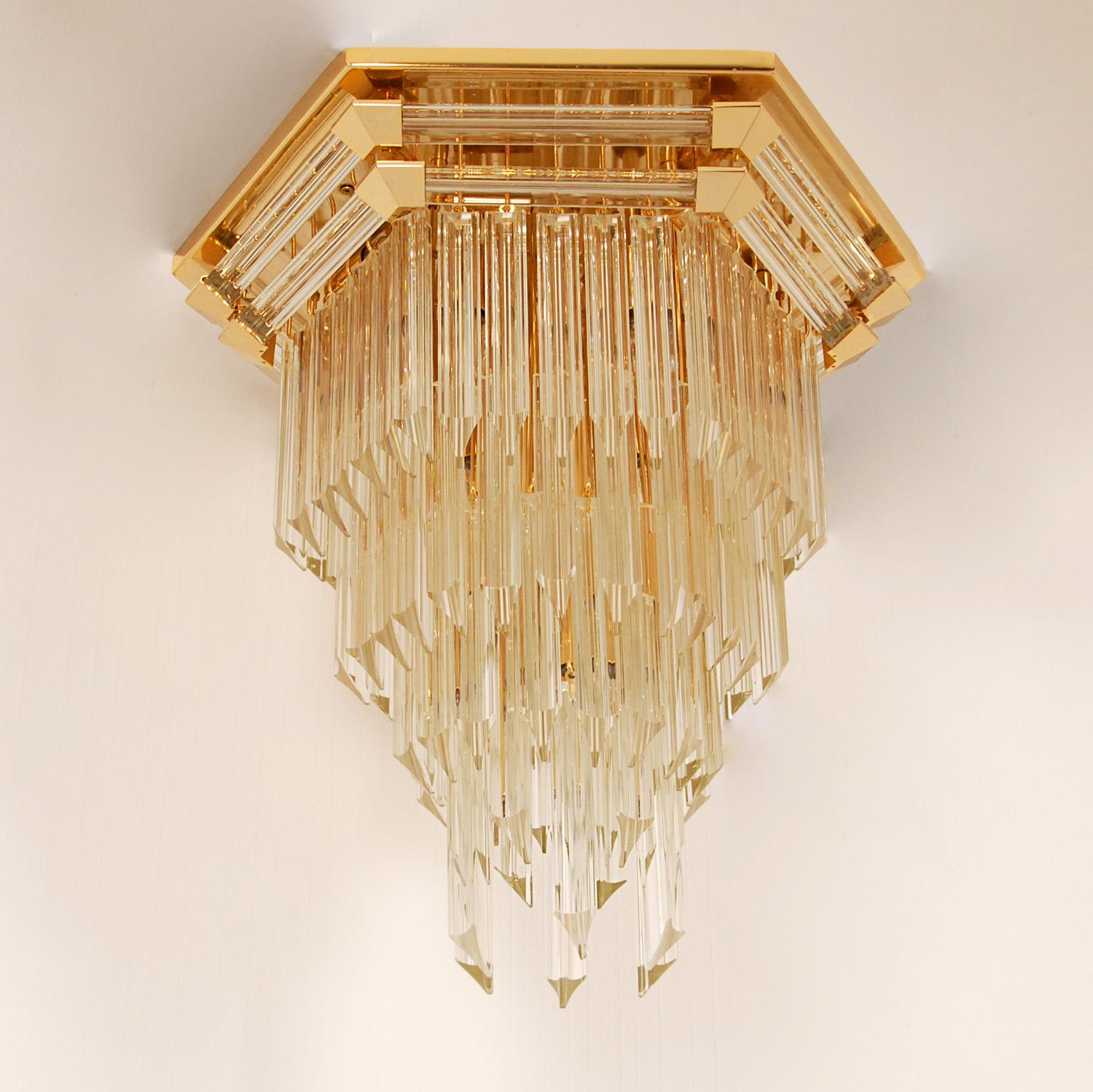Brass Mid Century Italian Crystal Chandelier Venice Gold Venini Murano Glass For Sale