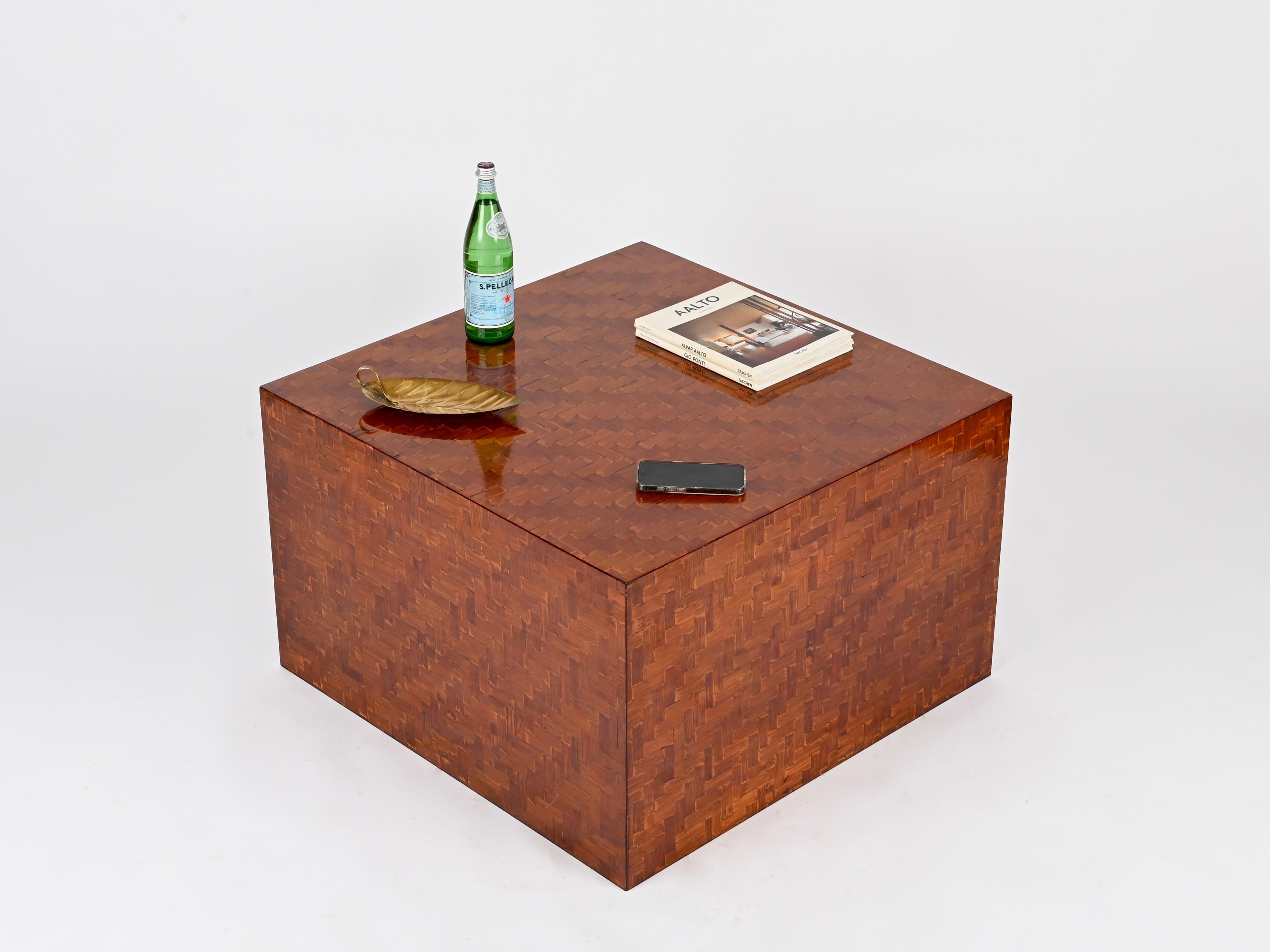 Mid-Century Italian Cube Coffee Table in Woven Bamboo, Crespi Style, 1970s For Sale 5