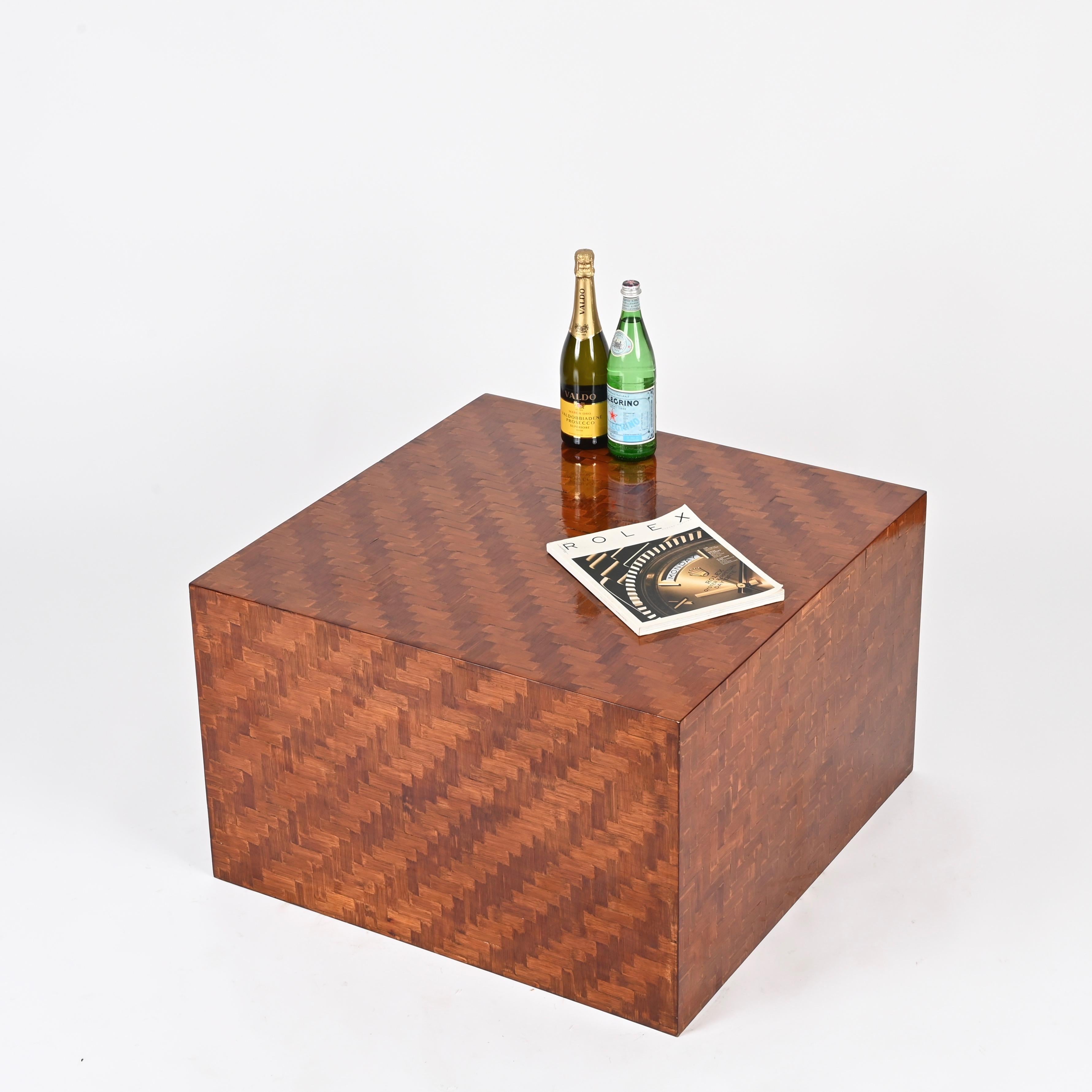 Mid-Century Italian Cube Coffee Table in Woven Bamboo, Crespi Style, 1970s For Sale 6
