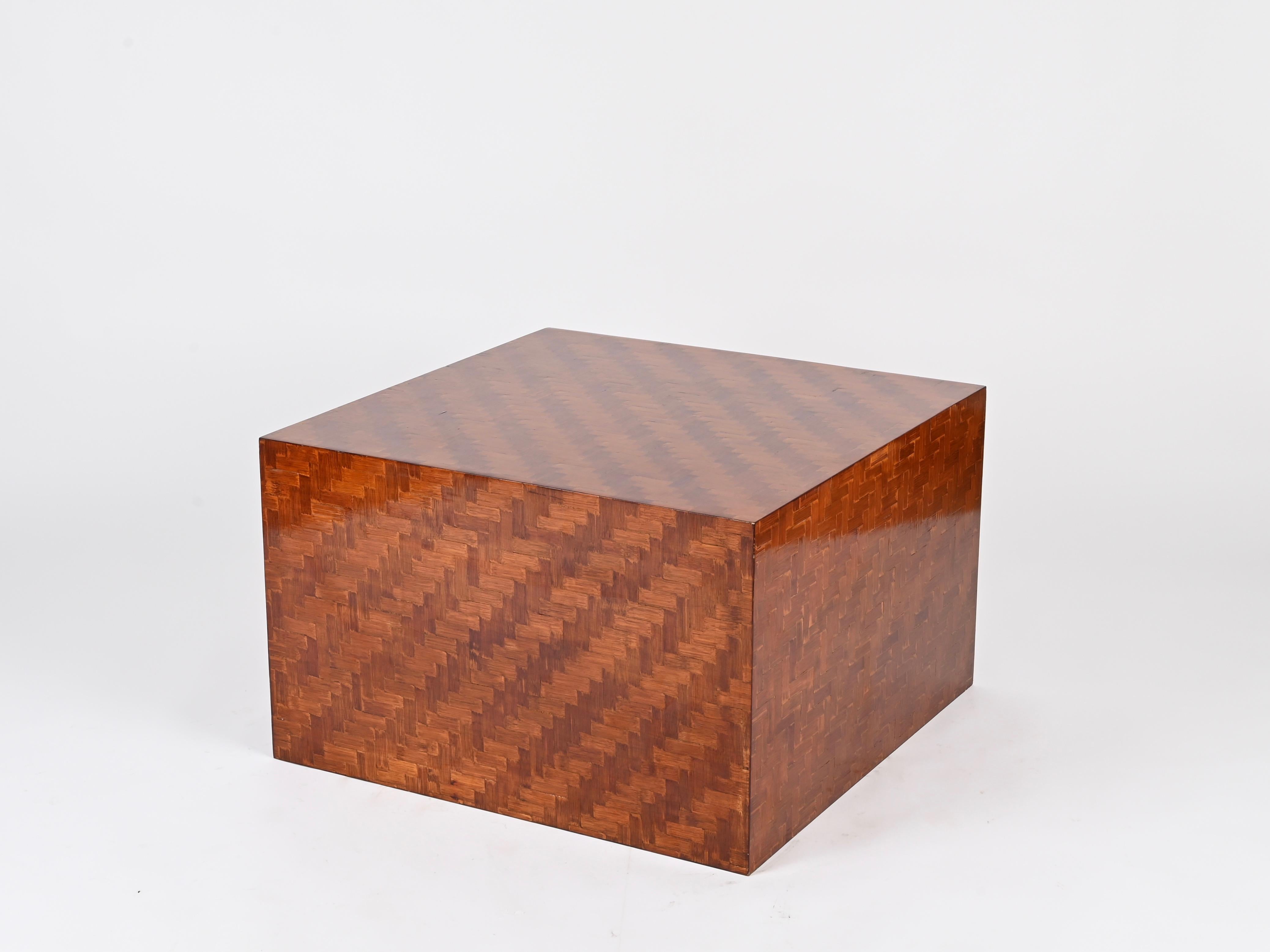 Hand-Crafted Mid-Century Italian Cube Coffee Table in Woven Bamboo, Crespi Style, 1970s For Sale