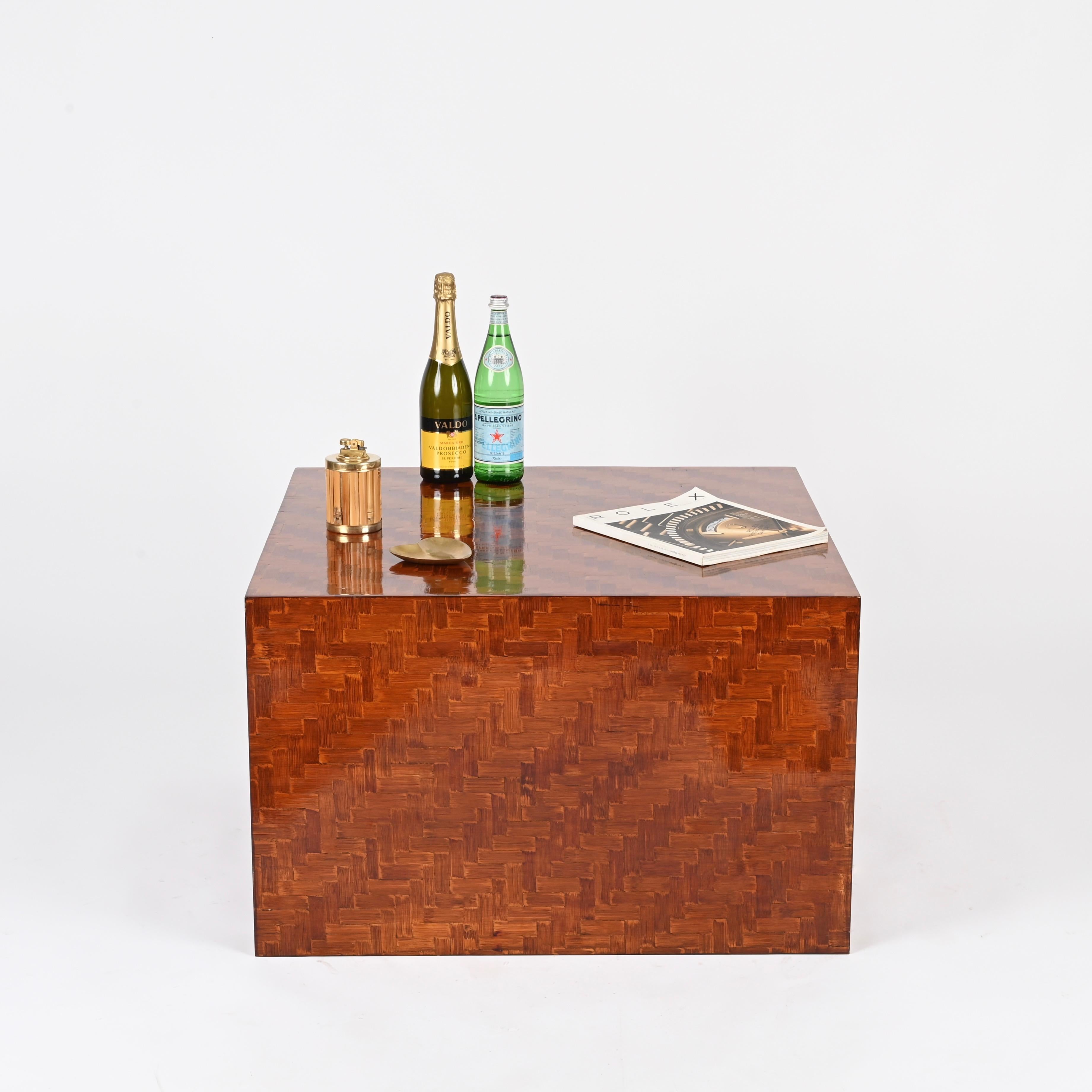 Late 20th Century Mid-Century Italian Cube Coffee Table in Woven Bamboo, Crespi Style, 1970s For Sale