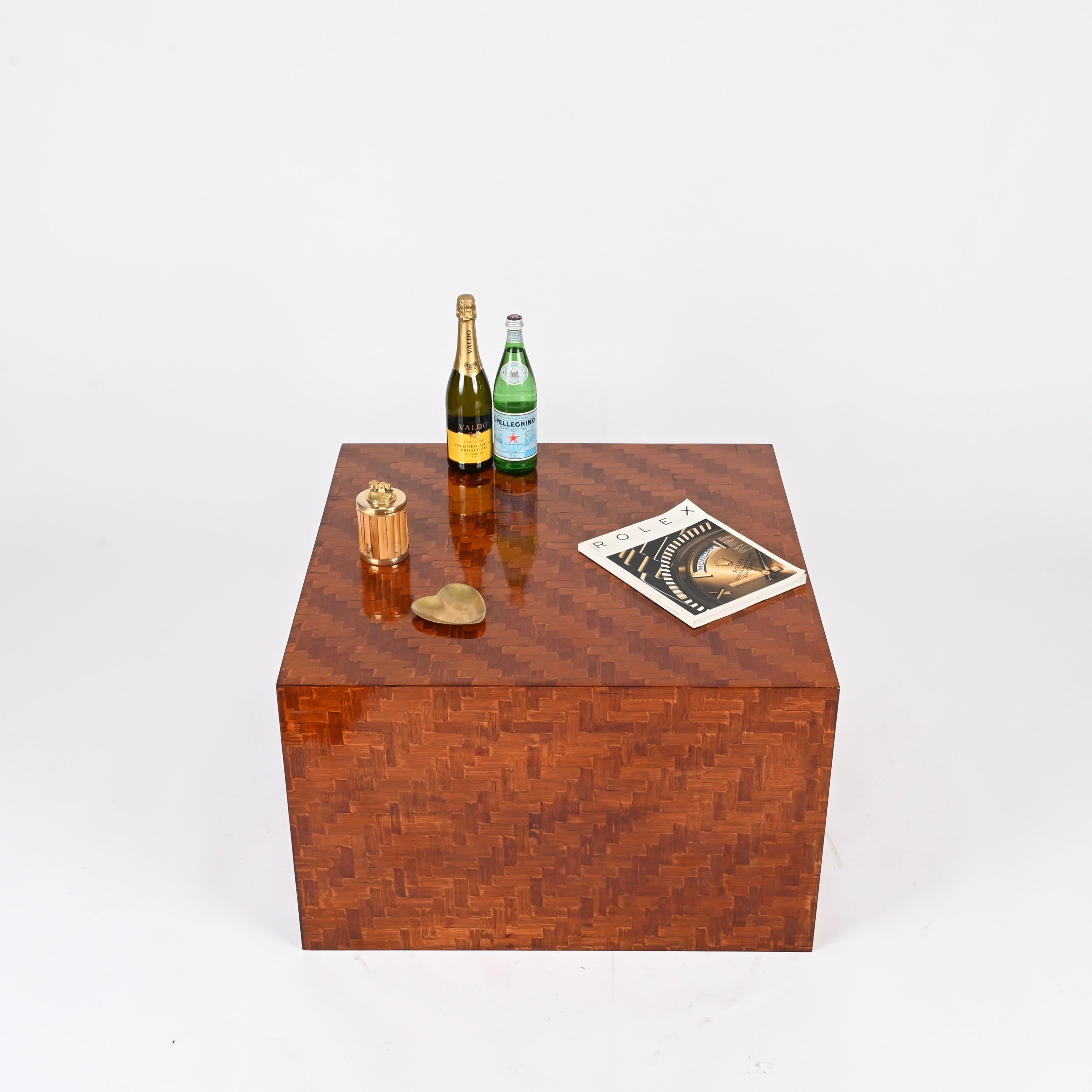 Mid-Century Italian Cube Coffee Table in Woven Bamboo, Crespi Style, 1970s For Sale 1