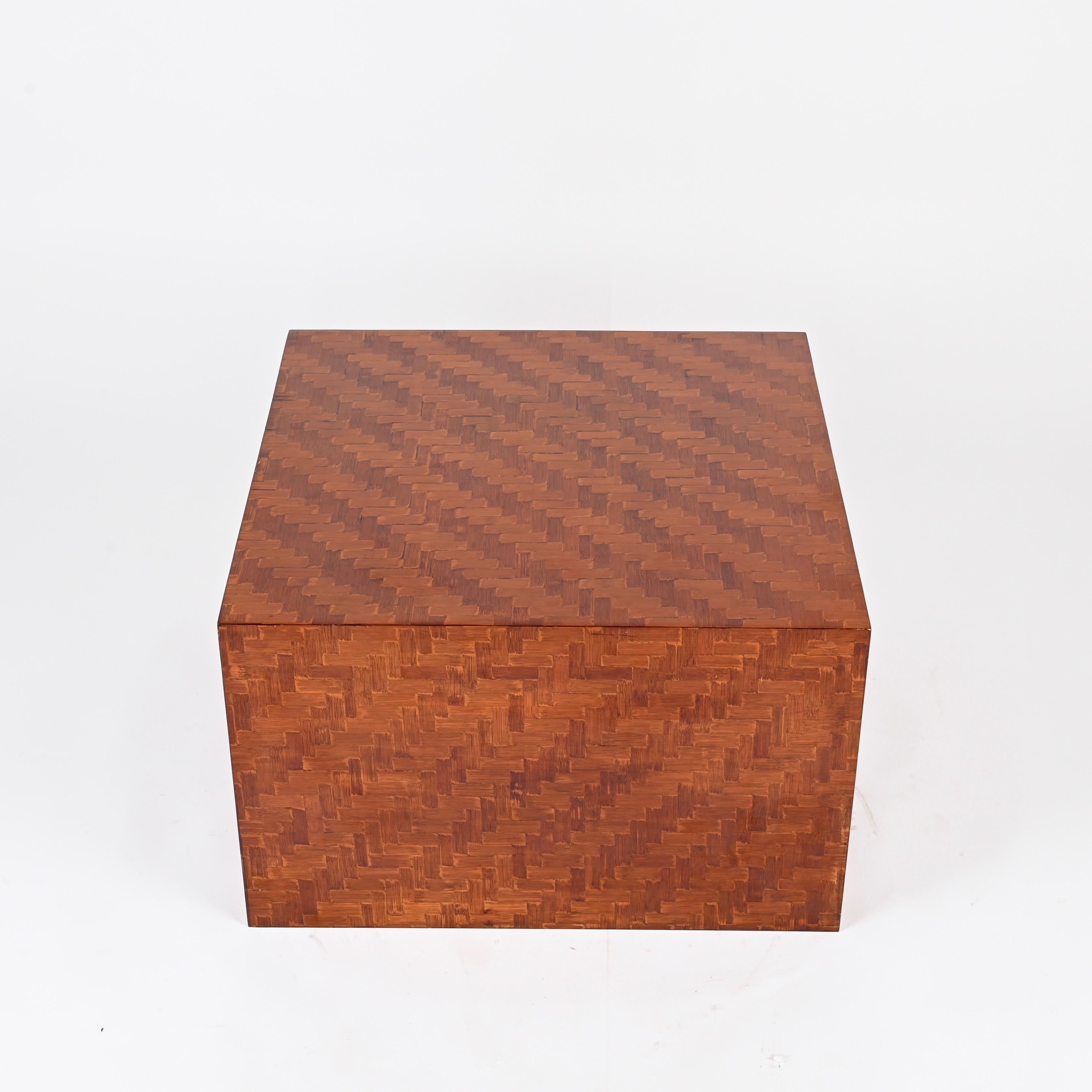Mid-Century Italian Cube Coffee Table in Woven Bamboo, Crespi Style, 1970s For Sale 2