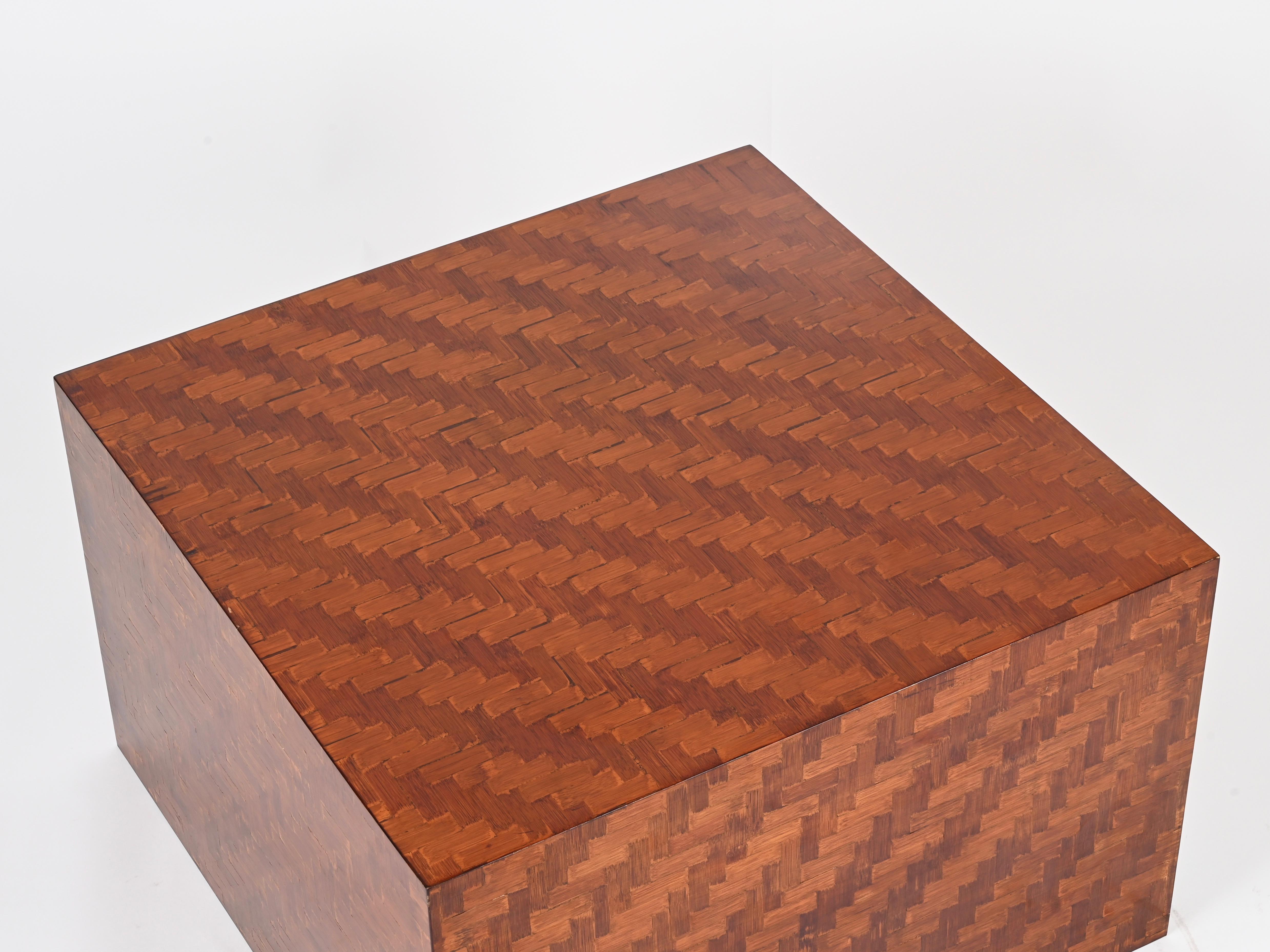 Mid-Century Italian Cube Coffee Table in Woven Bamboo, Crespi Style, 1970s For Sale 3