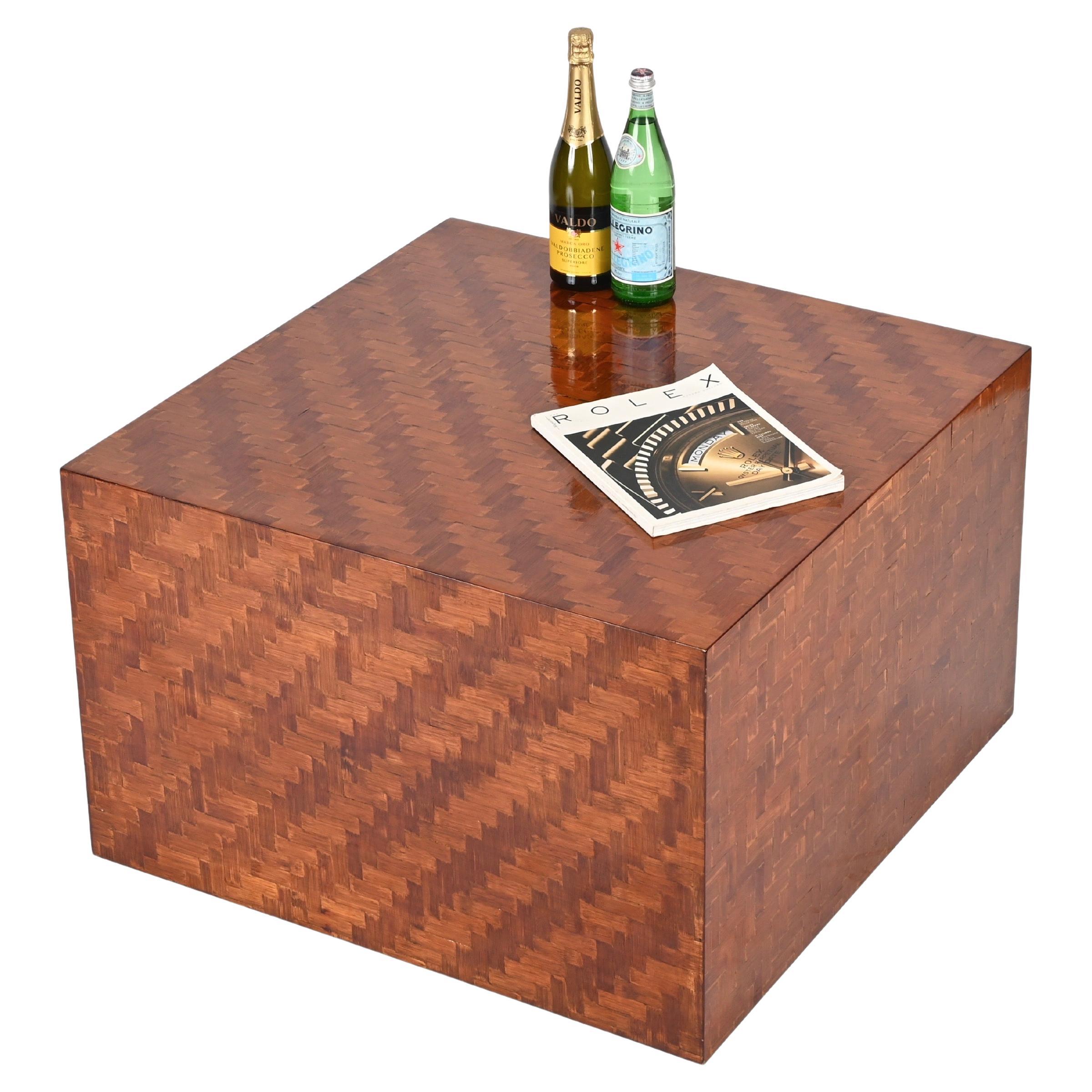 Mid-Century Italian Cube Coffee Table in Woven Bamboo, Crespi Style, 1970s For Sale