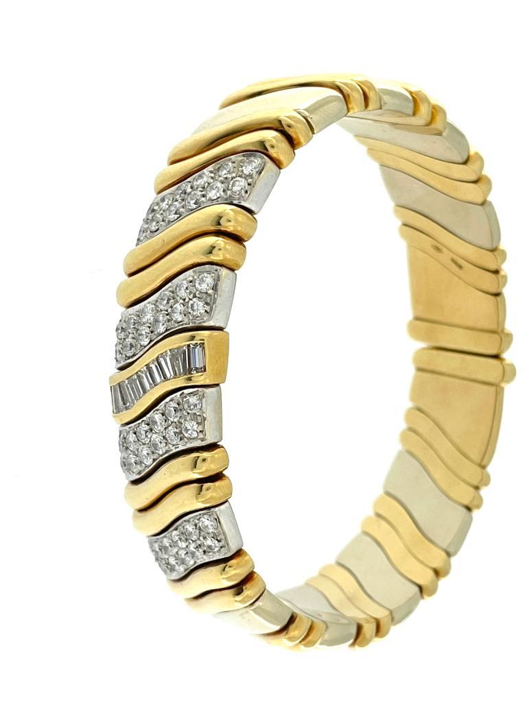 Art Deco Mid-Century Italian Cuff Bracelet Yellow and White Gold with Diamonds For Sale
