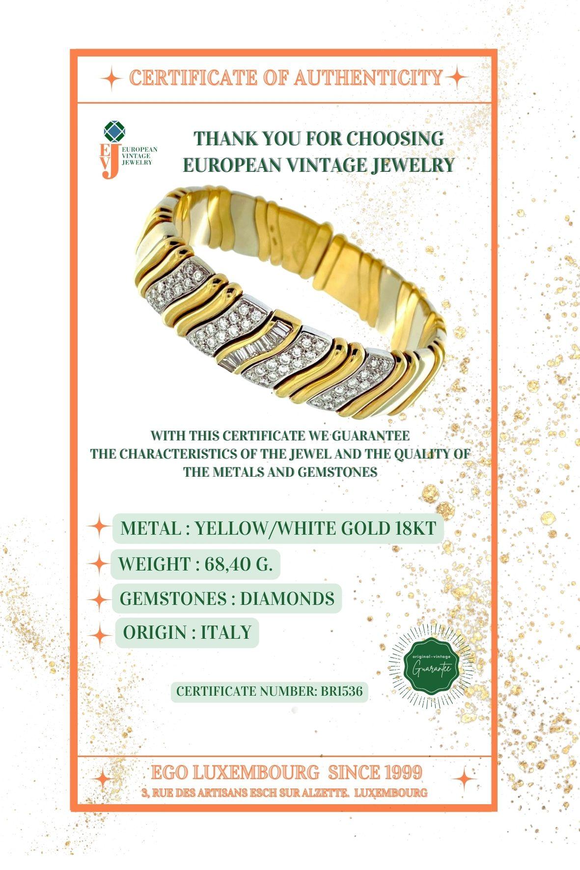 Italienisches Manschettenarmband aus der Jahrhundertmitte aus Gelb- und Weißgold mit Diamanten im Angebot 2