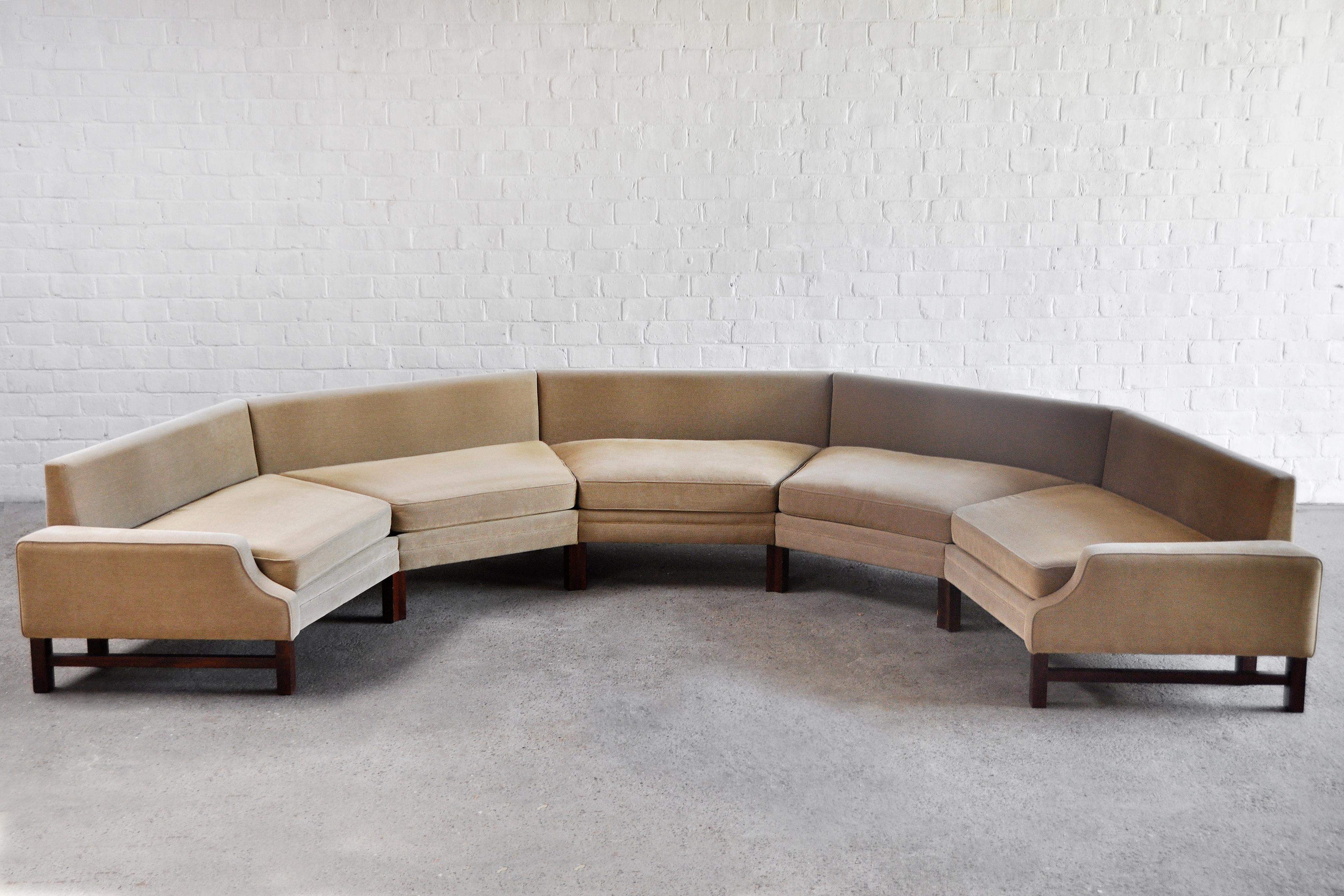 A large curved sectional sofa, custom produced and designed in Italy in the late 1970s. This sofa is a 1/1 bespoke made model, designed for the interior project of a Modernist/midcentury villa build in the 1970s. A very unique and decorative piece