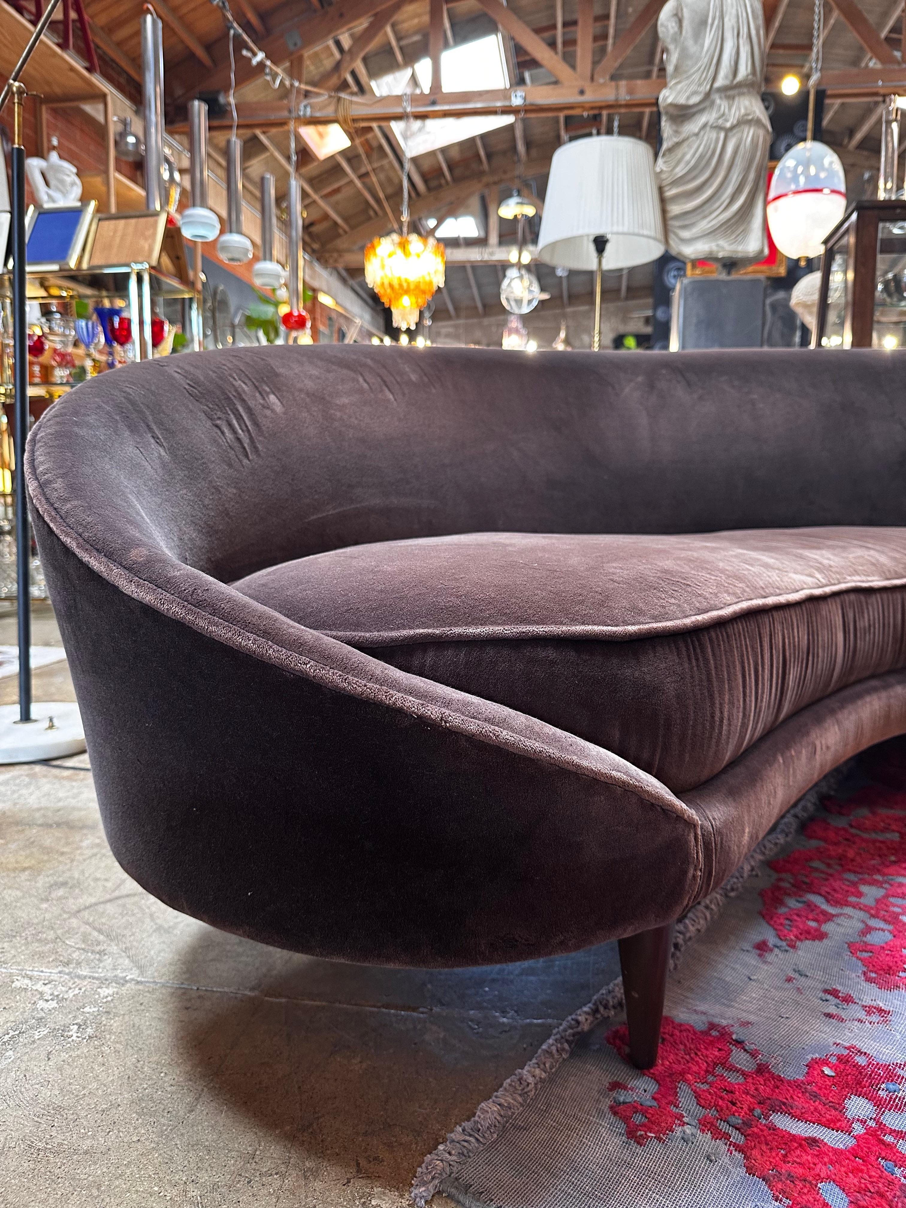 Velvet Mid Century Italian Curved Sofa In Style of Federico Munari 1960s For Sale