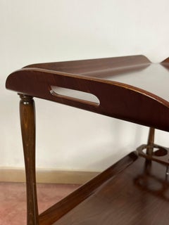 Mid-century Italian Curved Wood Bar Cart, Brass Accessories 1950s