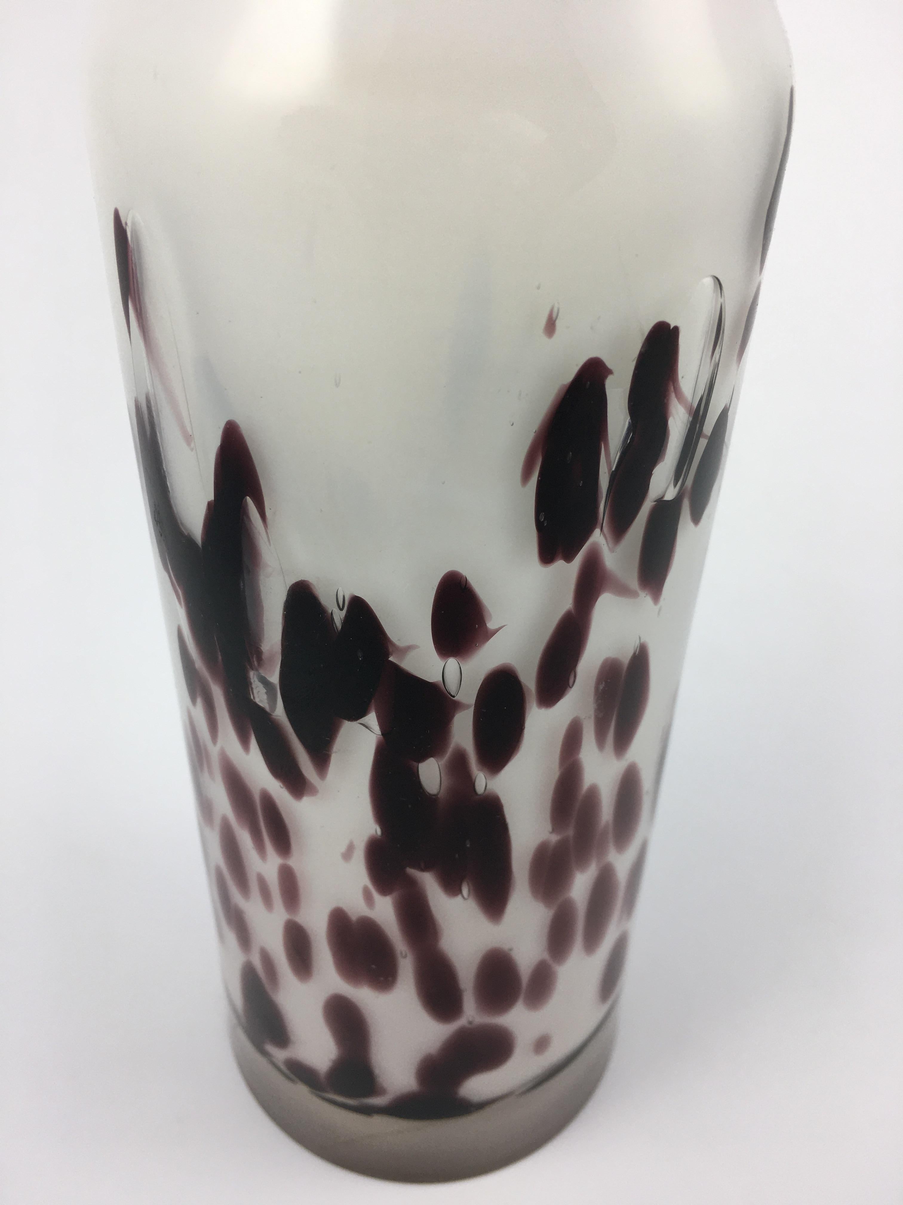 Mid-century Italian decor glass vase. Vintage vase with special dotted überfang coating. Milk glass vase with polka dot pattern, high neck and thick frosted base from the 1960s. Special Italian design, which can be a trendy home accessory even
