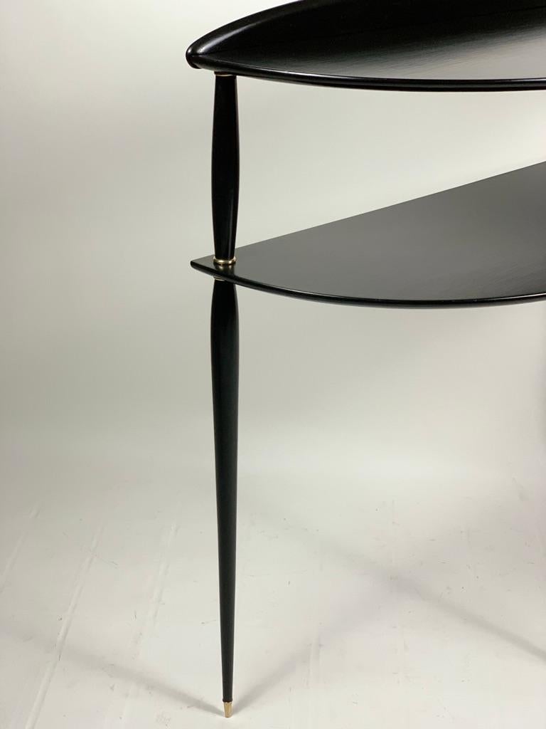 Midcentury Italian Demilune Double Shelve Black Console Brass Details 6