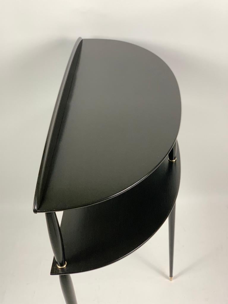 Midcentury Italian Demilune Double Shelve Black Console Brass Details 7