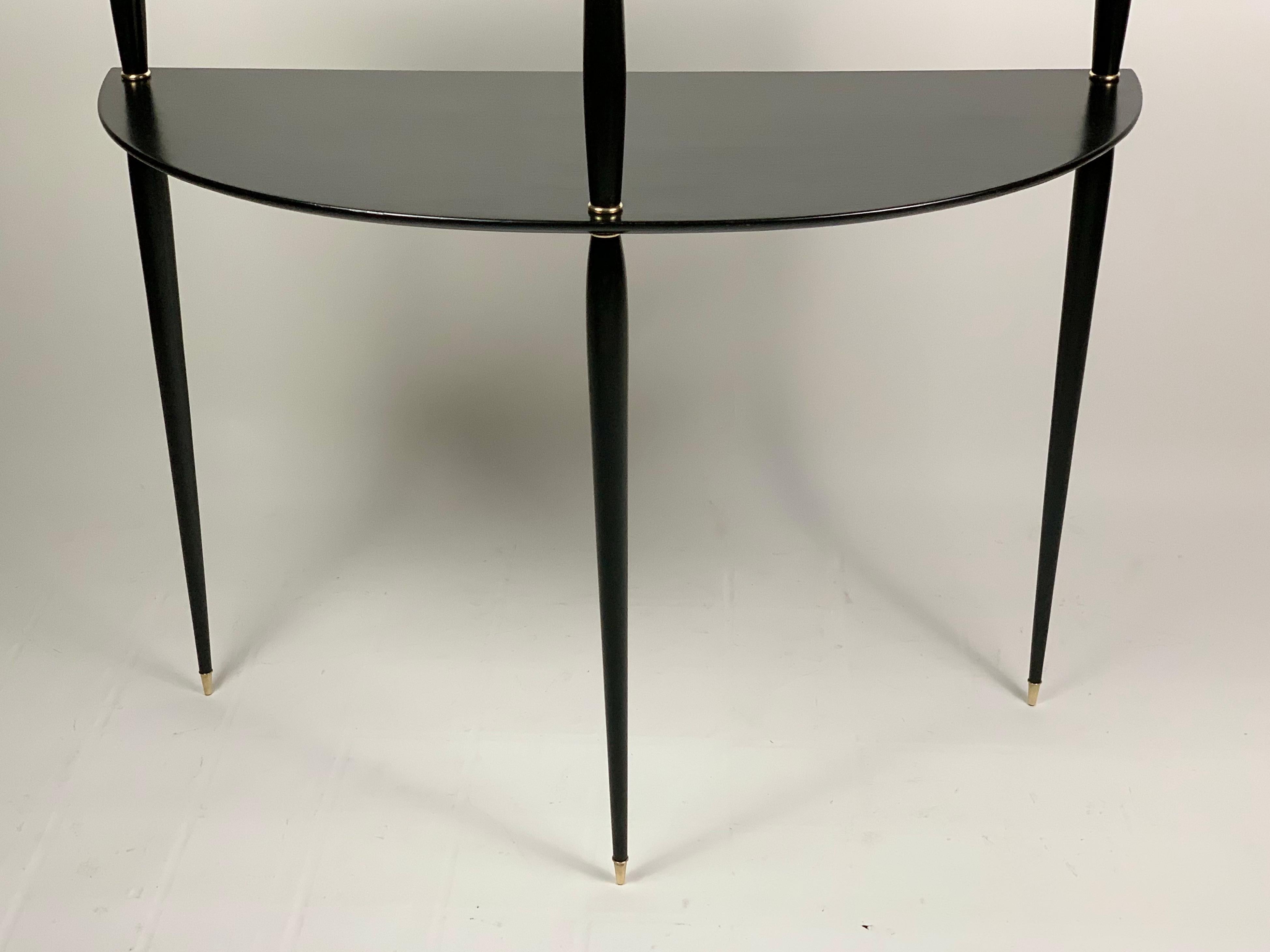 Midcentury Italian Demilune Double Shelve Black Console Brass Details 13