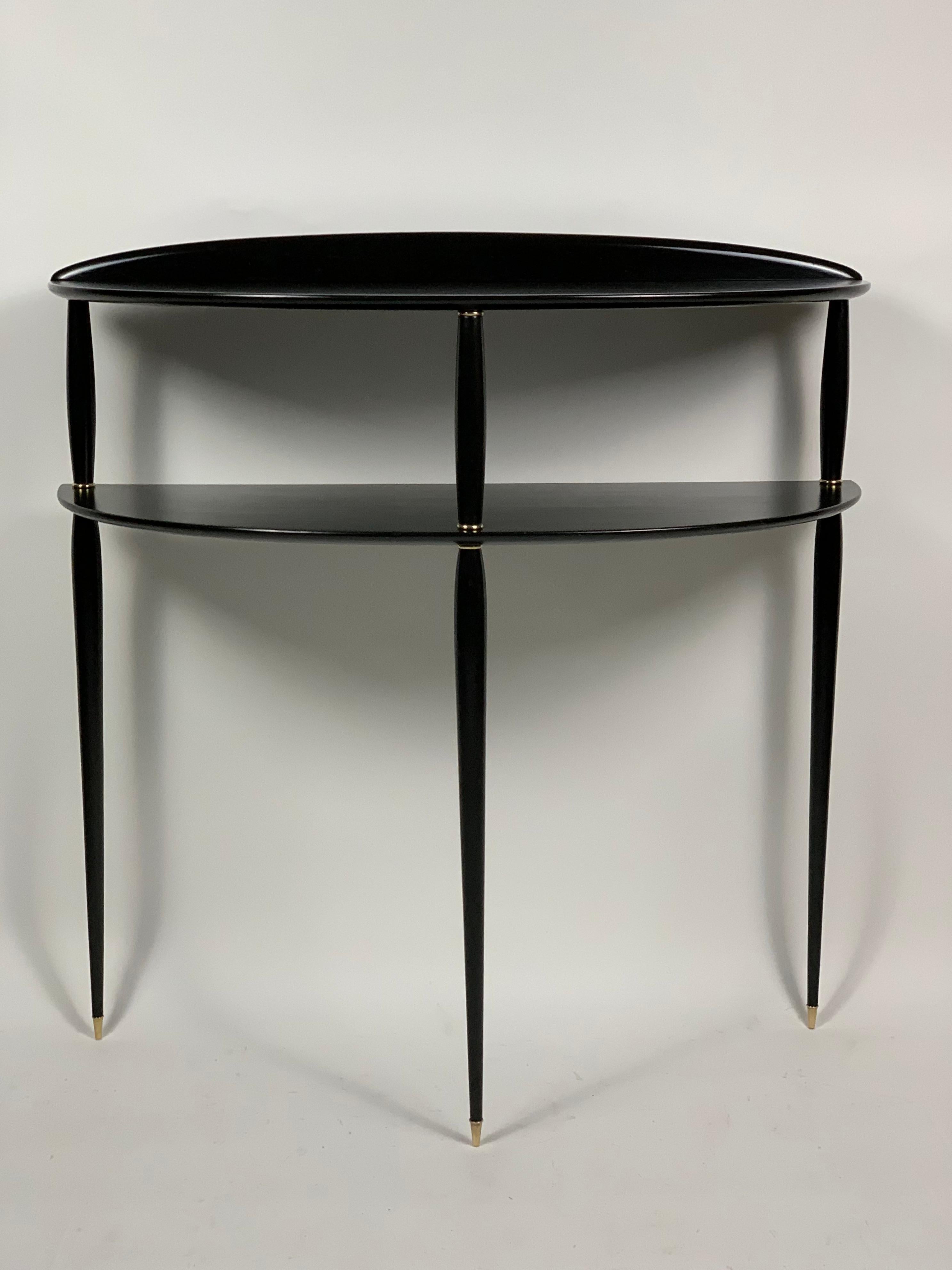 Mid-Century Modern Midcentury Italian Demilune Double Shelve Black Console Brass Details
