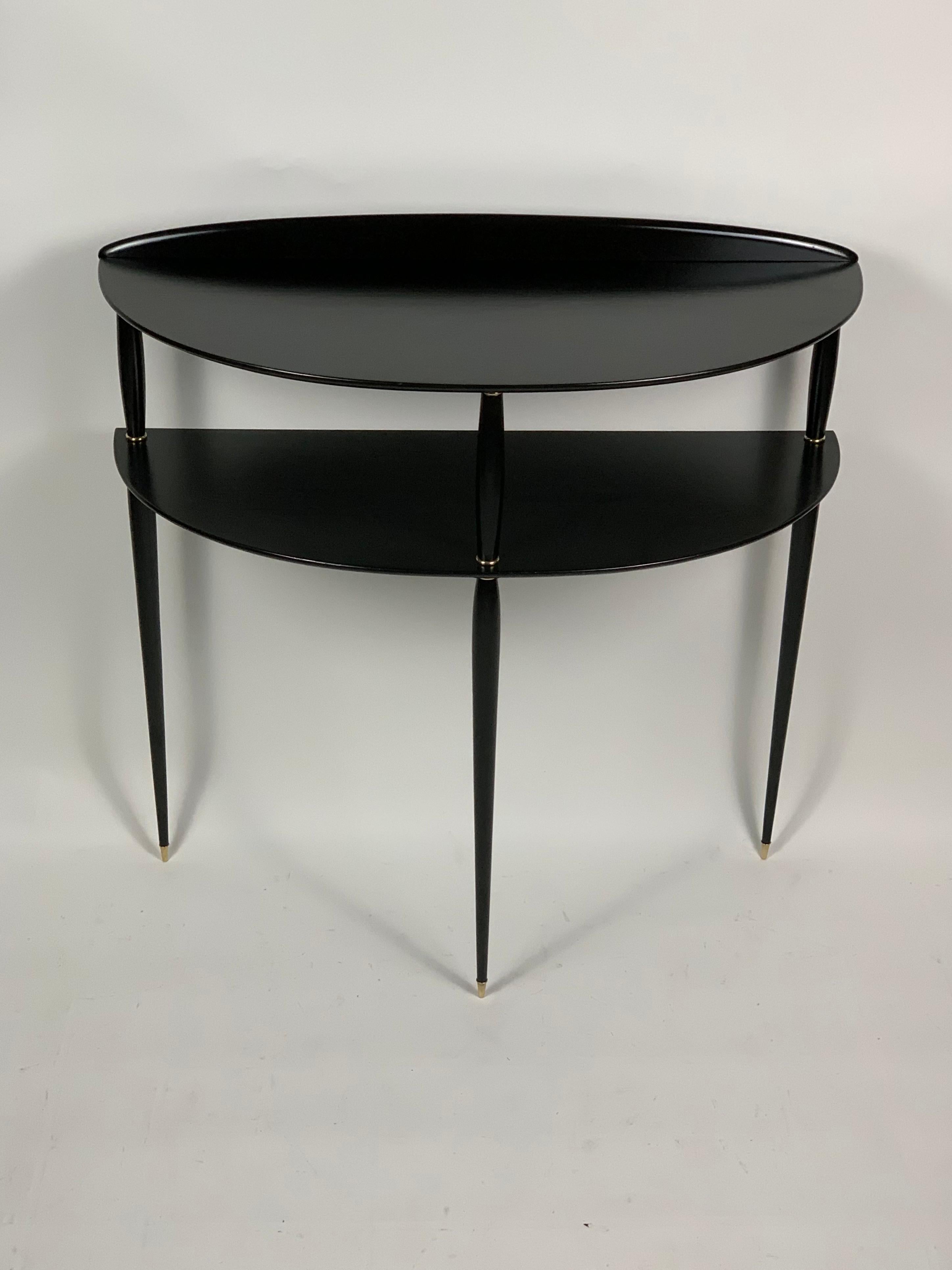 Midcentury Italian Demilune Double Shelve Black Console Brass Details In Good Condition In Firenze, Toscana